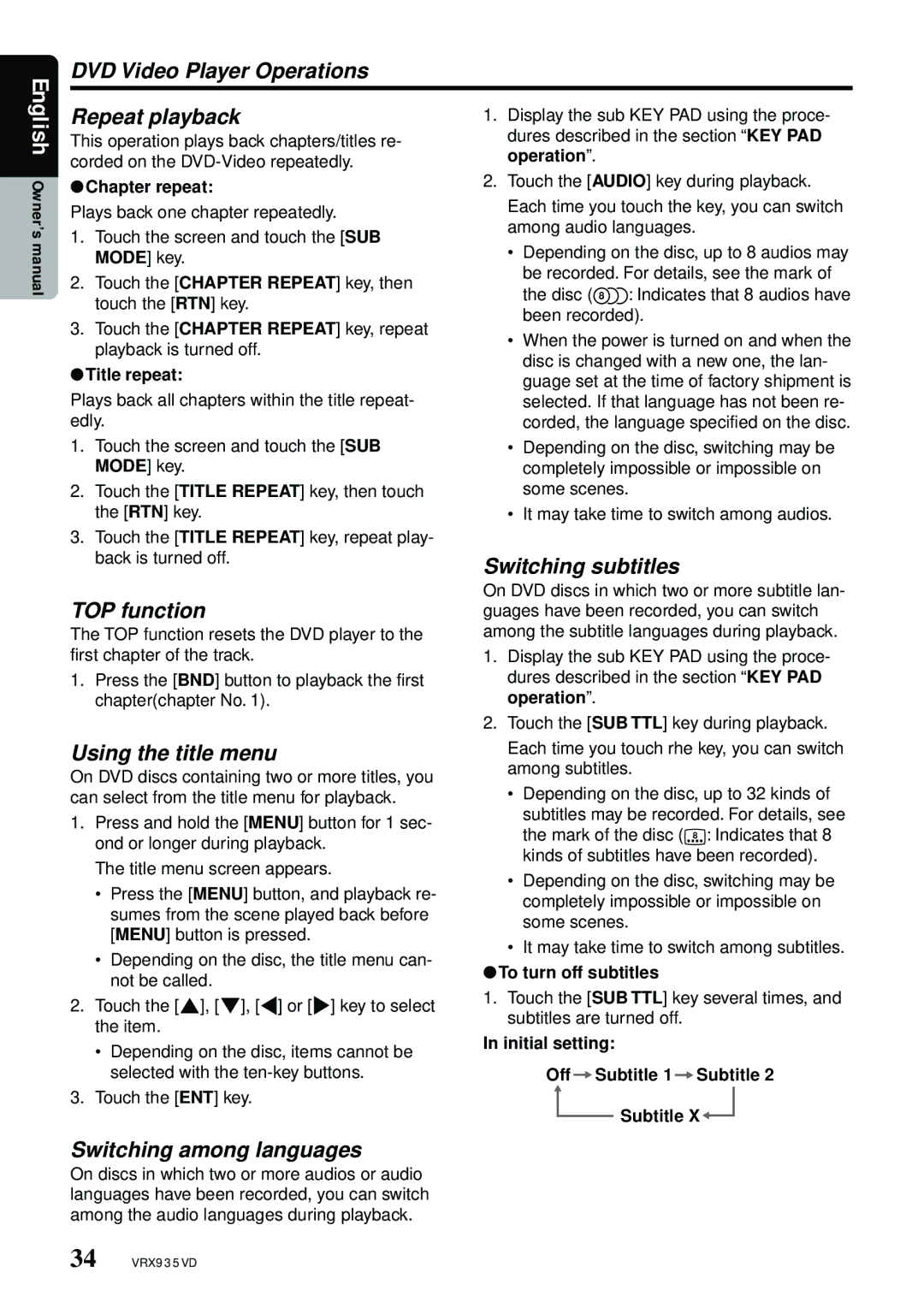 Clarion VRX935VD manual Repeat playback, TOP function, Switching subtitles, Using the title menu, Switching among languages 