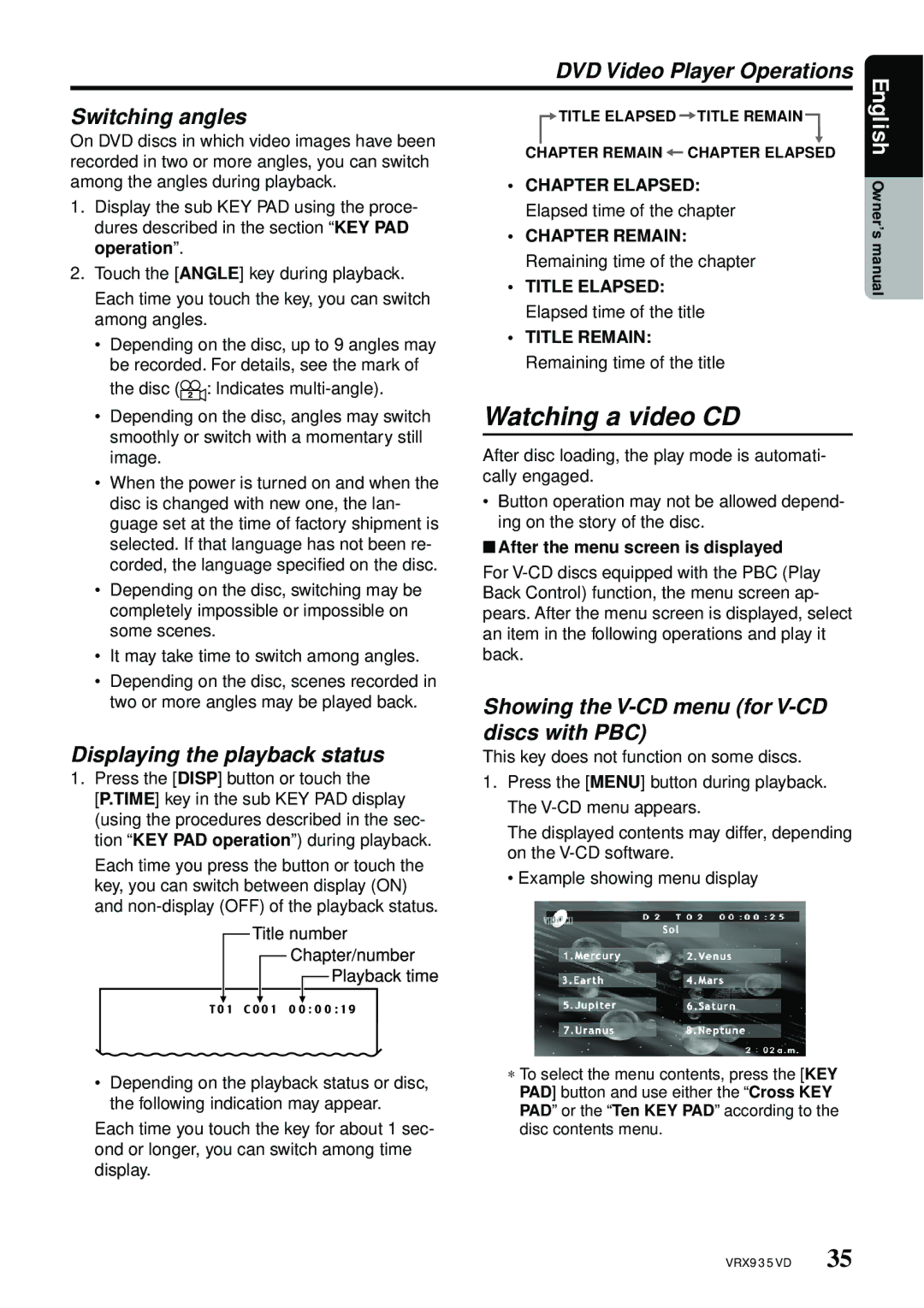 Clarion VRX935VD manual Watching a video CD, DVD Video Player Operations Switching angles, Displaying the playback status 