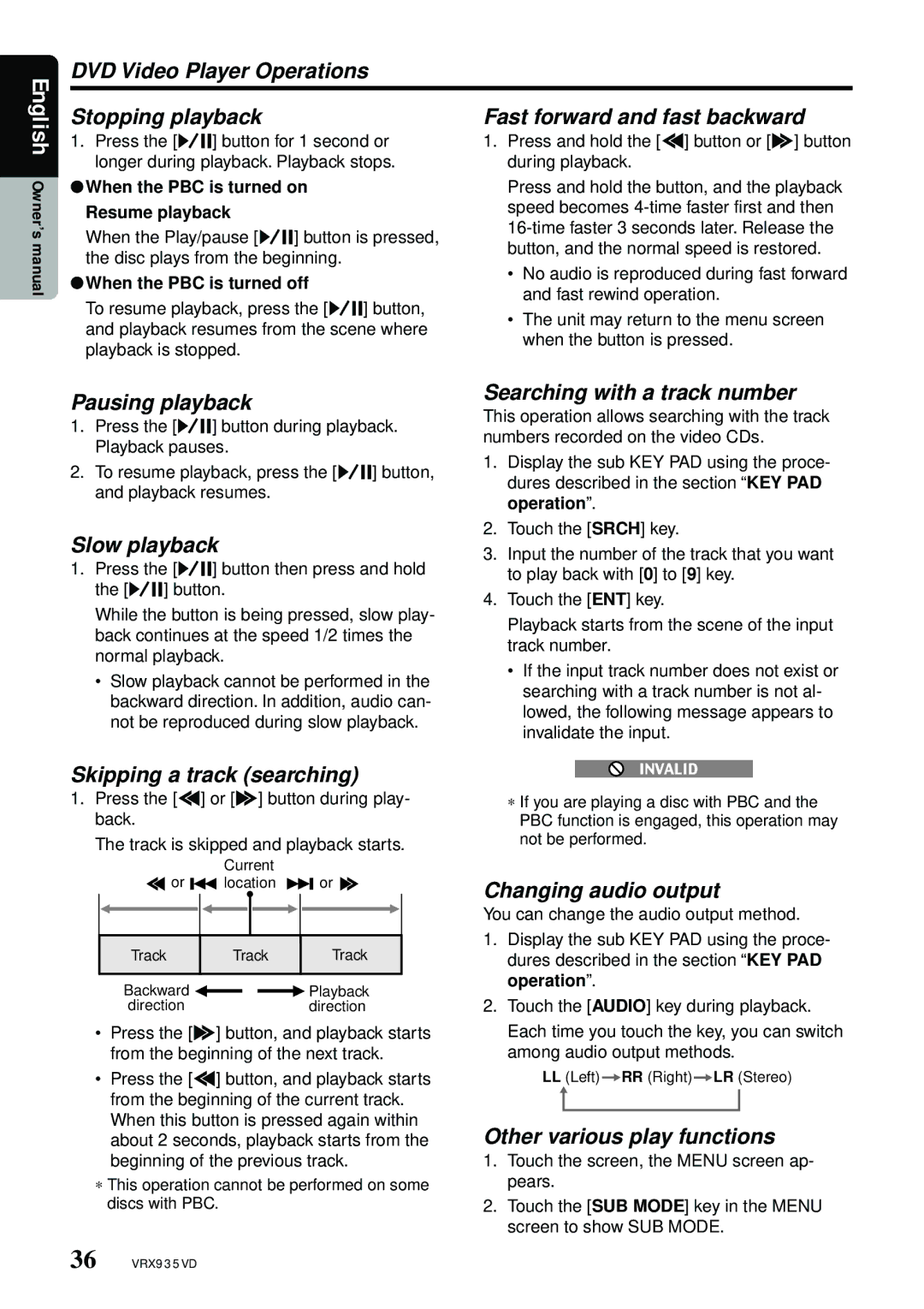 Clarion VRX935VD manual Skipping a track searching, Searching with a track number, Changing audio output 