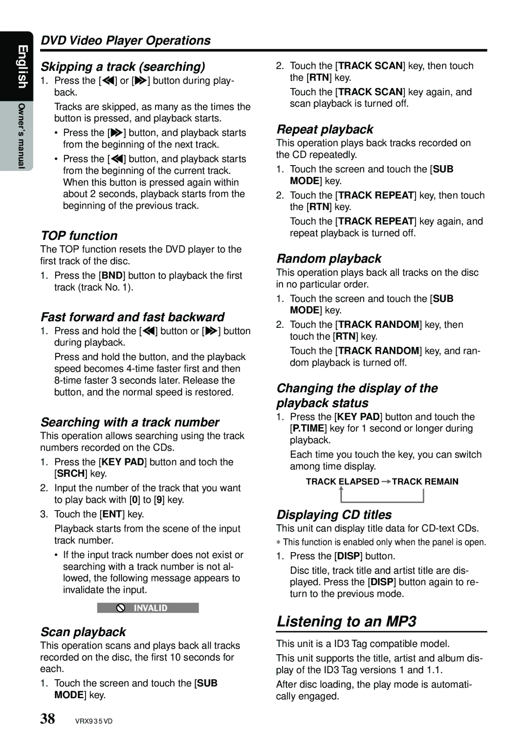 Clarion VRX935VD manual Listening to an MP3, DVD Video Player Operations Skipping a track searching, Random playback 