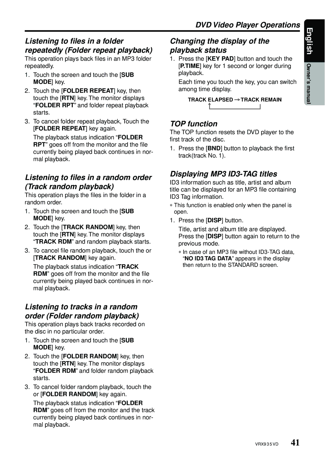 Clarion VRX935VD manual Listening to files in a random order Track random playback, Displaying MP3 ID3-TAG titles 