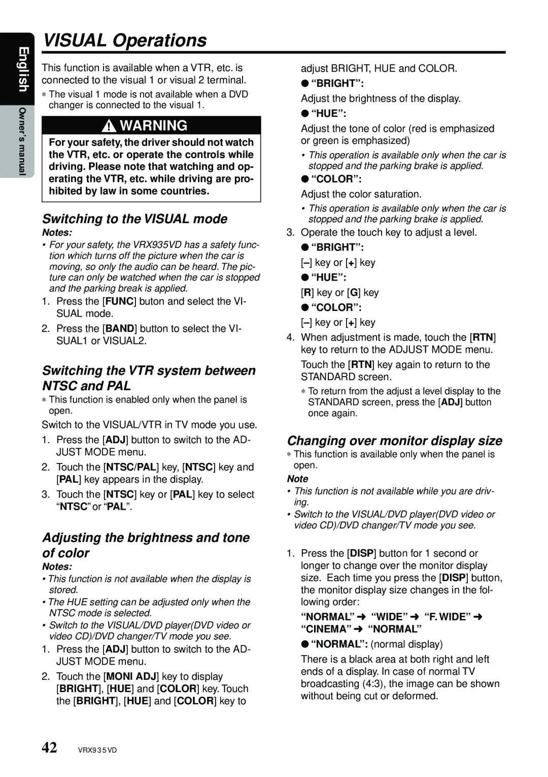 Clarion VRX935VD manual Visual Operations, Switching to the Visual mode, Switching the VTR system between Ntsc and PAL 