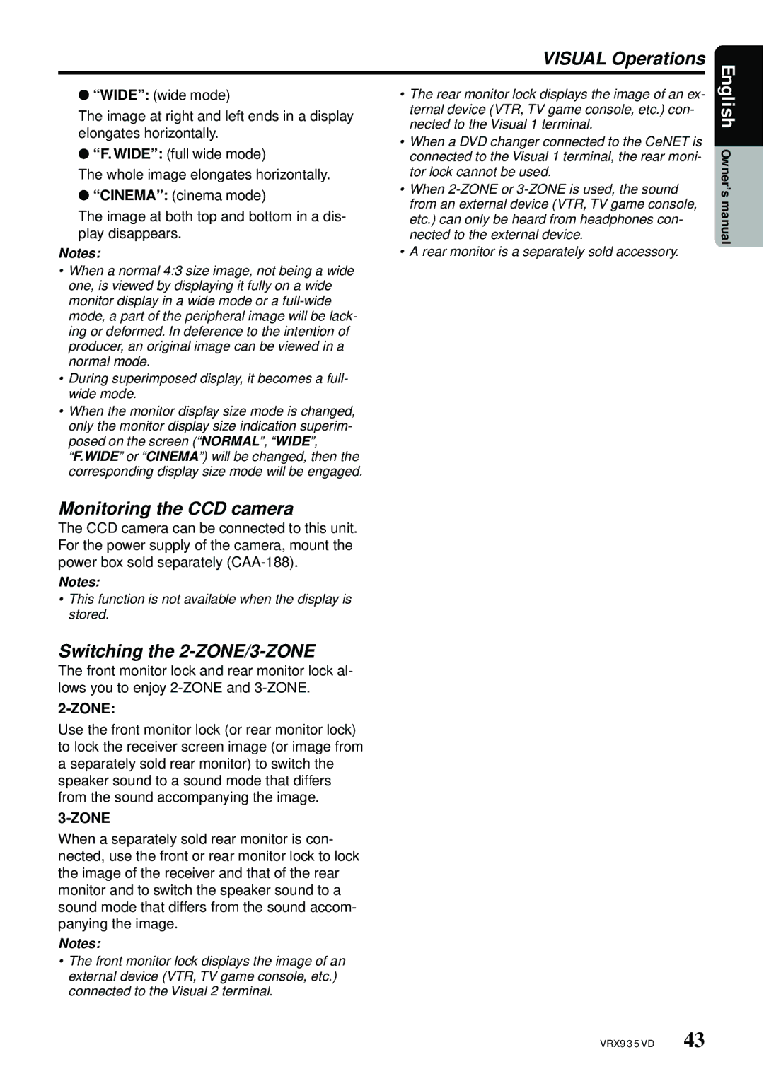 Clarion VRX935VD manual Visual Operations, Monitoring the CCD camera, Switching the 2-ZONE/3-ZONE, Zone 