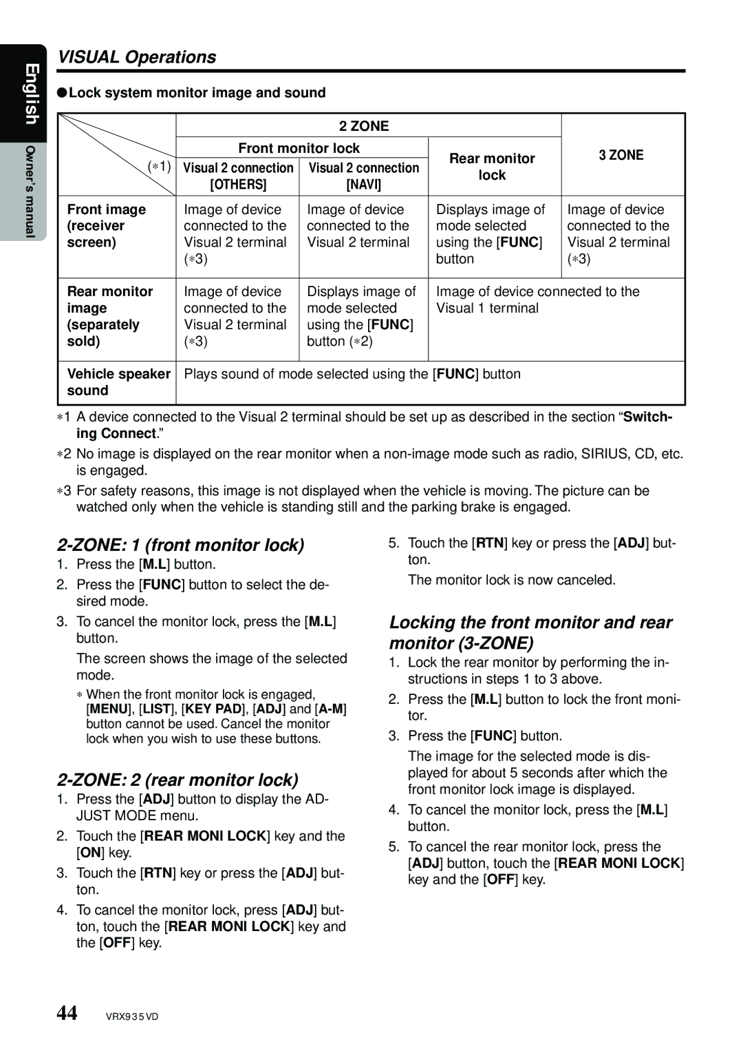 Clarion VRX935VD Zone 1 front monitor lock, Zone 2 rear monitor lock, Locking the front monitor and rear monitor 3-ZONE 
