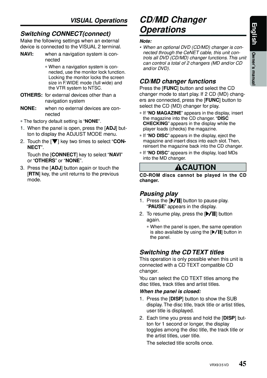 Clarion VRX935VD manual CD/MD Changer Operations, Visual Operations Switching CONNECTconnect, CD/MD changer functions 