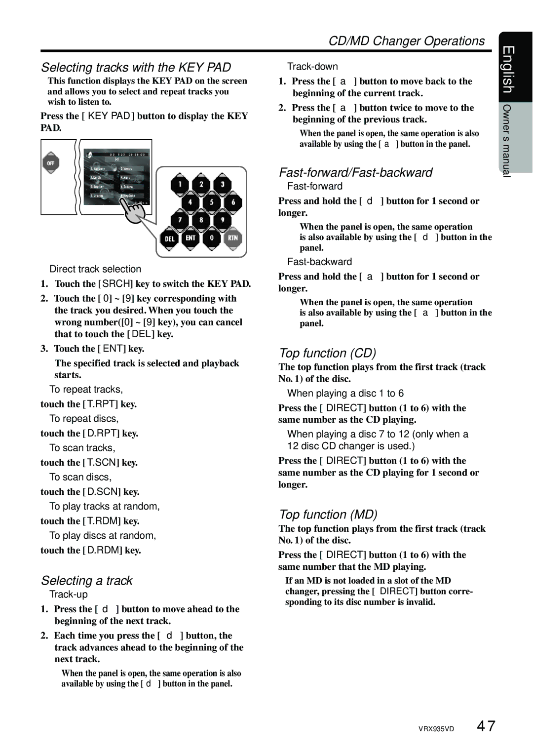 Clarion VRX935VD CD/MD Changer Operations Selecting tracks with the KEY PAD, Fast-forward/Fast-backward, Selecting a track 