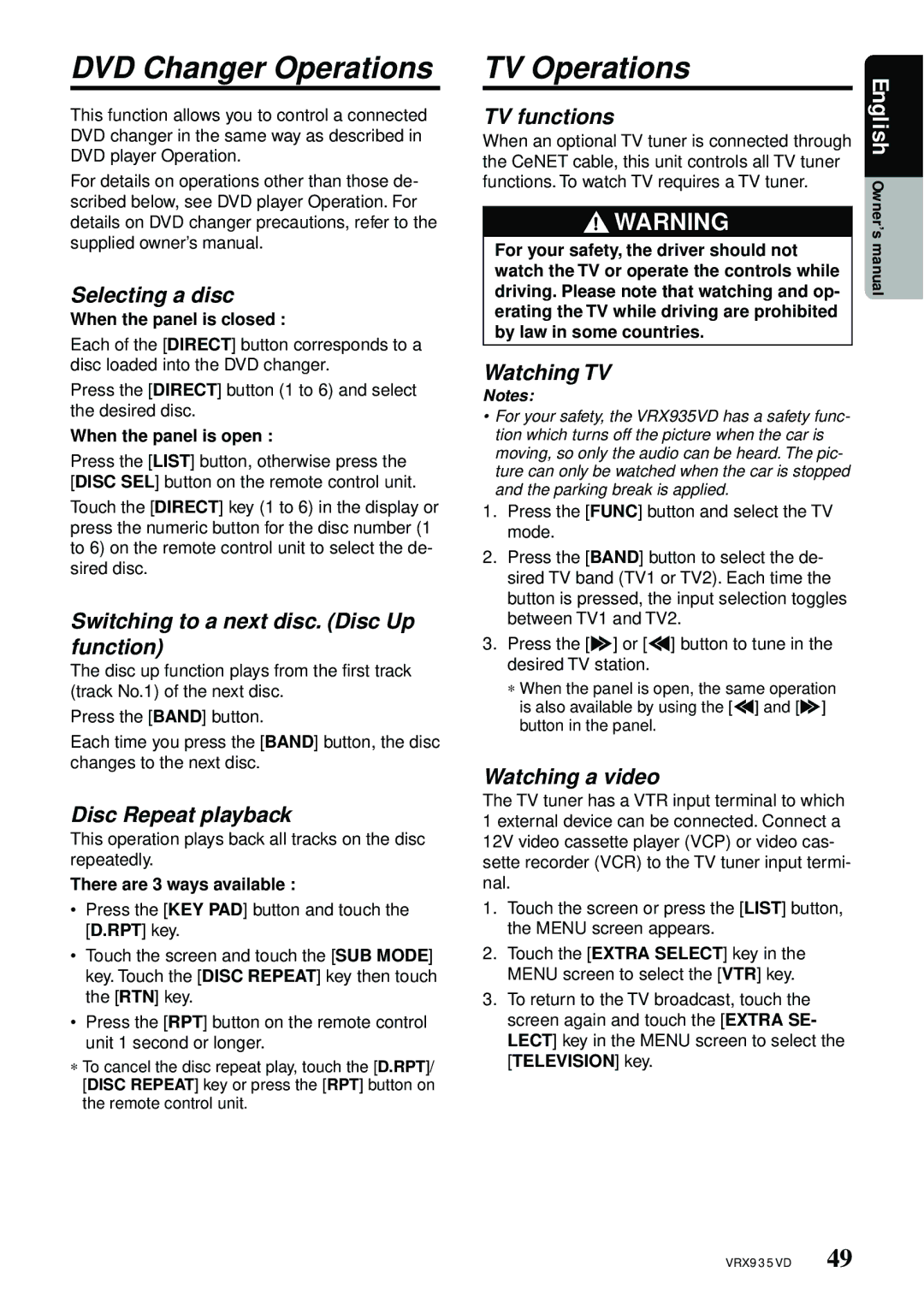 Clarion VRX935VD manual DVD Changer Operations, TV Operations 