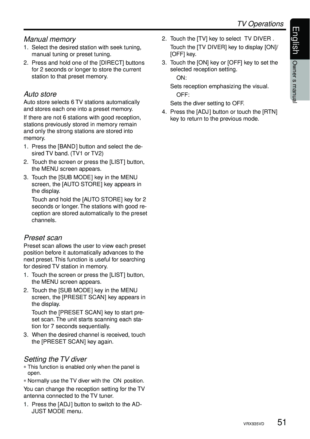 Clarion VRX935VD manual TV Operations Manual memory, Setting the TV diver, Off 