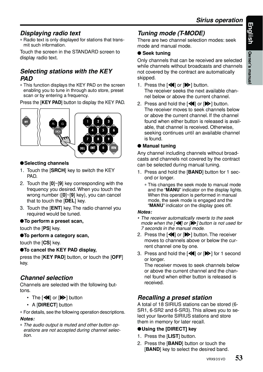 Clarion VRX935VD Sirius operation Displaying radio text, Channel selection, Seek tuning, Selecting channels, Manual tuning 