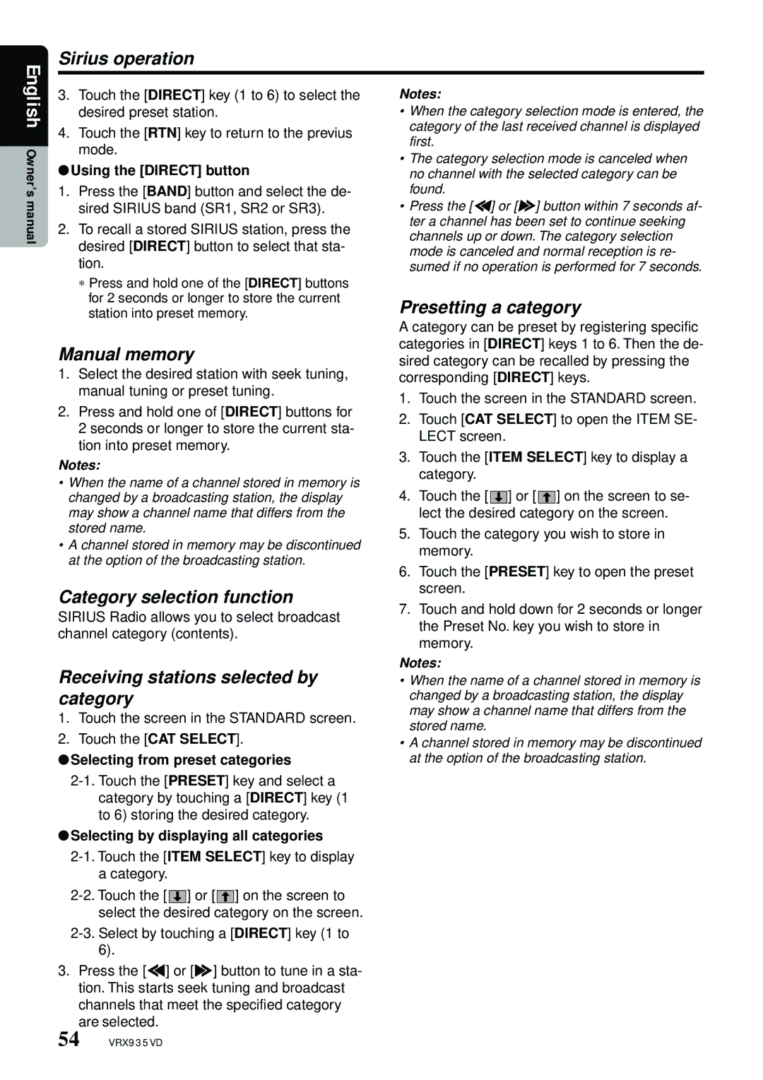 Clarion VRX935VD manual Sirius operation, Category selection function, Receiving stations selected by category 