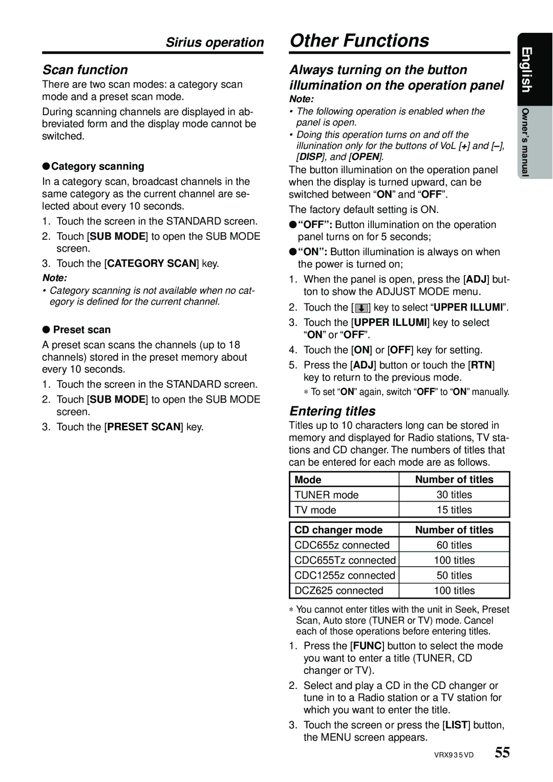 Clarion VRX935VD manual Other Functions, Sirius operation Scan function, Entering titles 