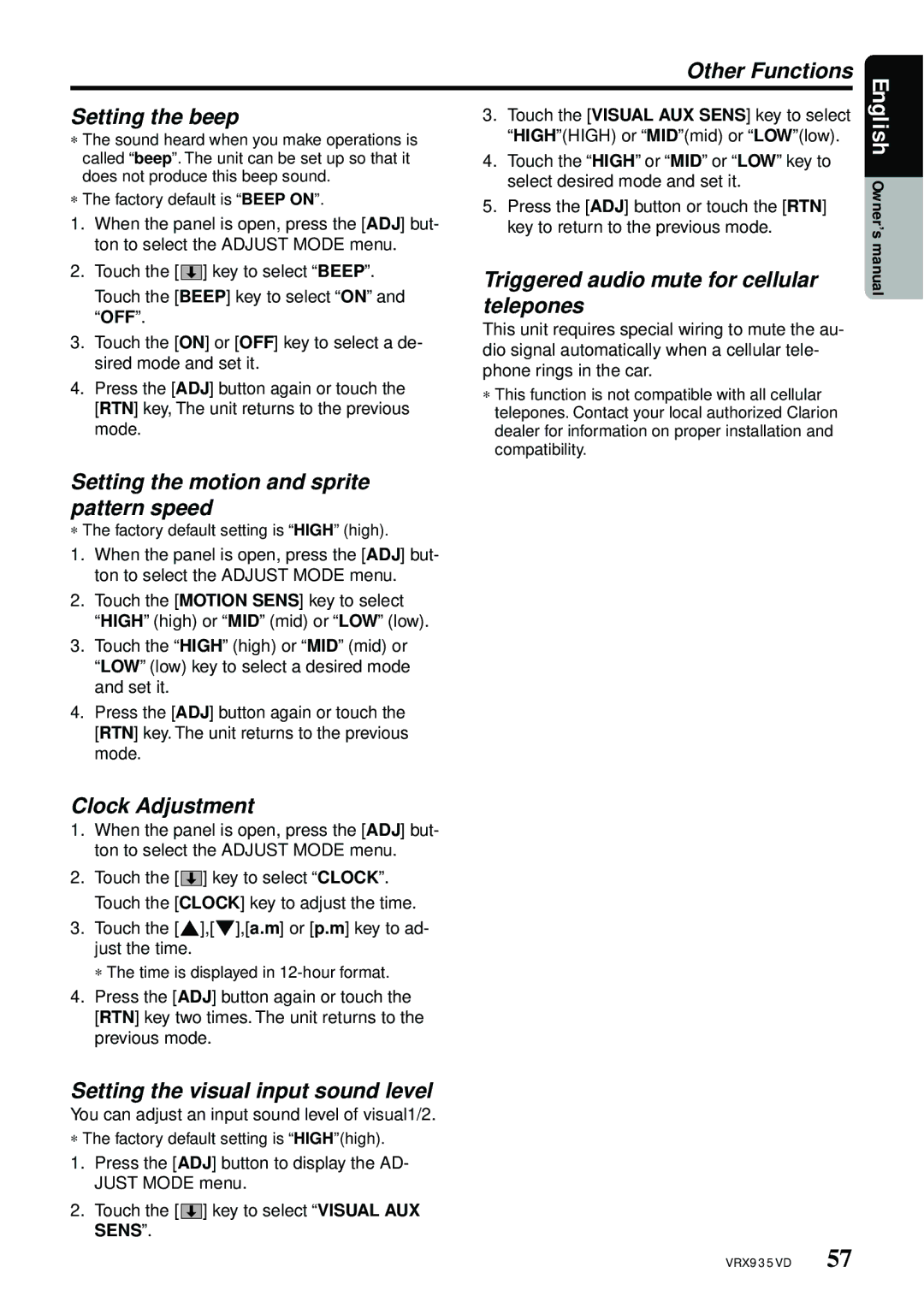 Clarion VRX935VD manual Other Functions Setting the beep, Triggered audio mute for cellular telepones, Clock Adjustment 