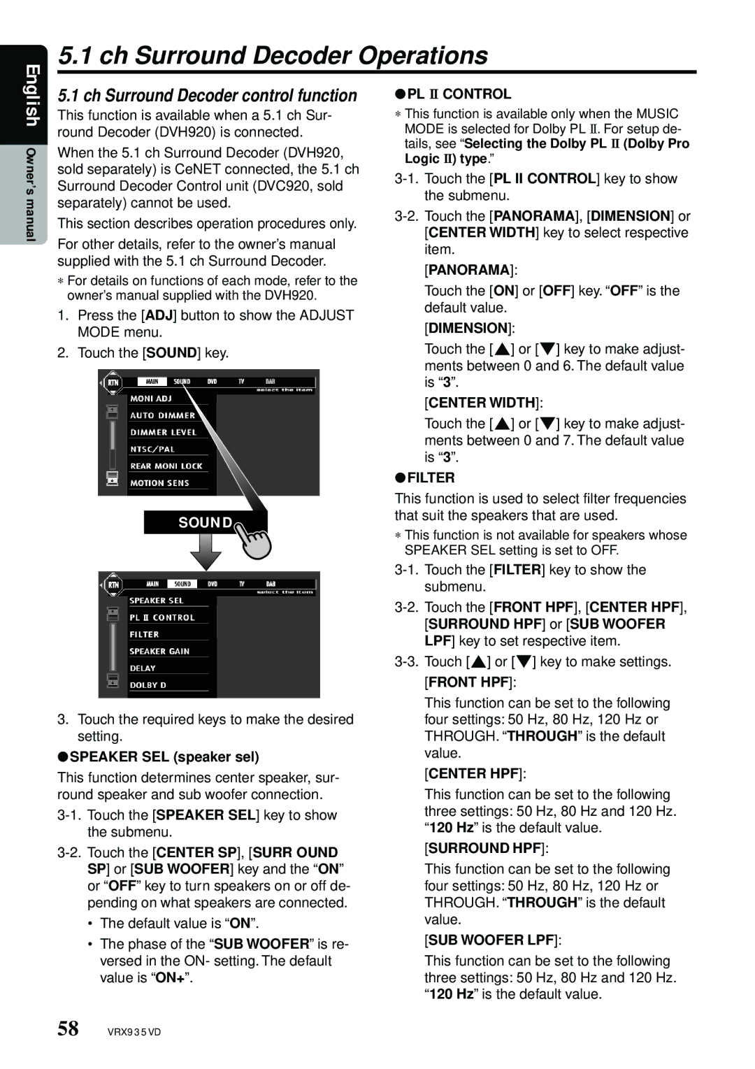 Clarion VRX935VD manual Ch Surround Decoder Operations 