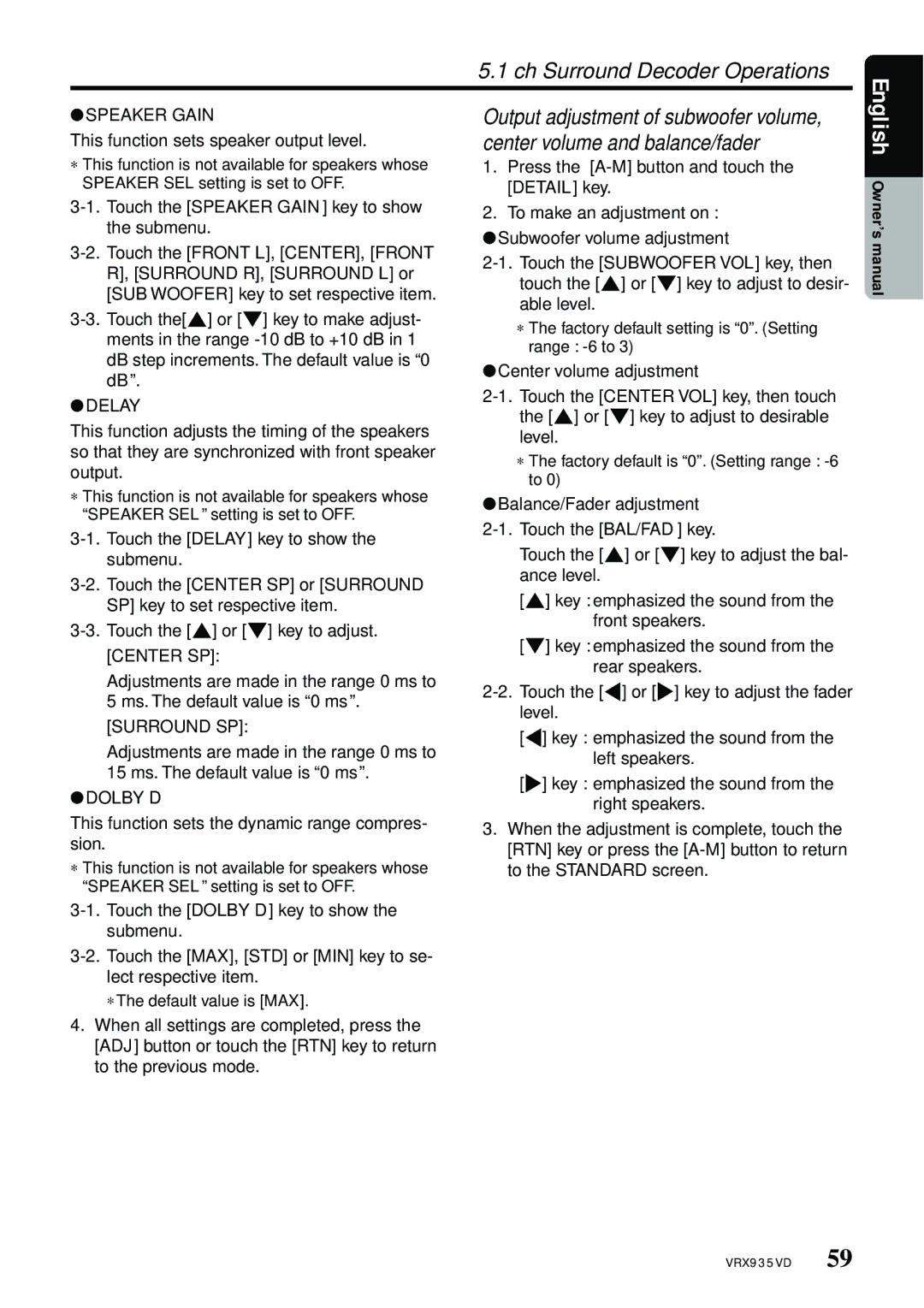Clarion VRX935VD manual Ch Surround Decoder Operations, Speaker Gain, Delay, Center SP, Dolby D 