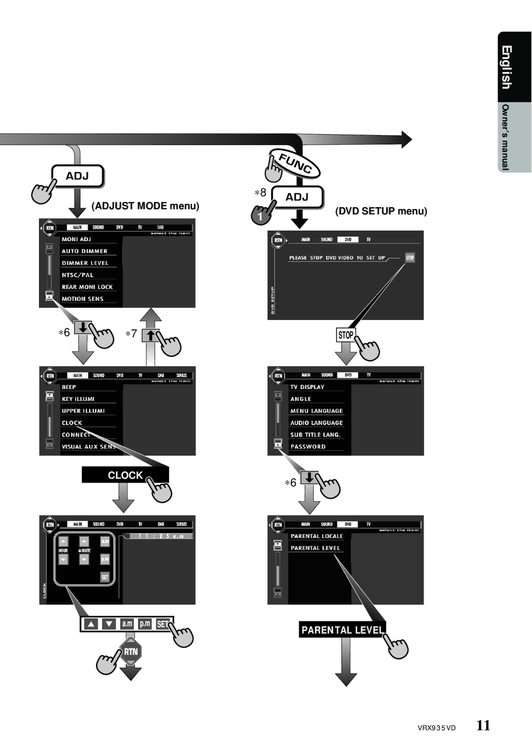 Clarion VRX935VD manual Adjust Mode menu, DVD Setup menu 