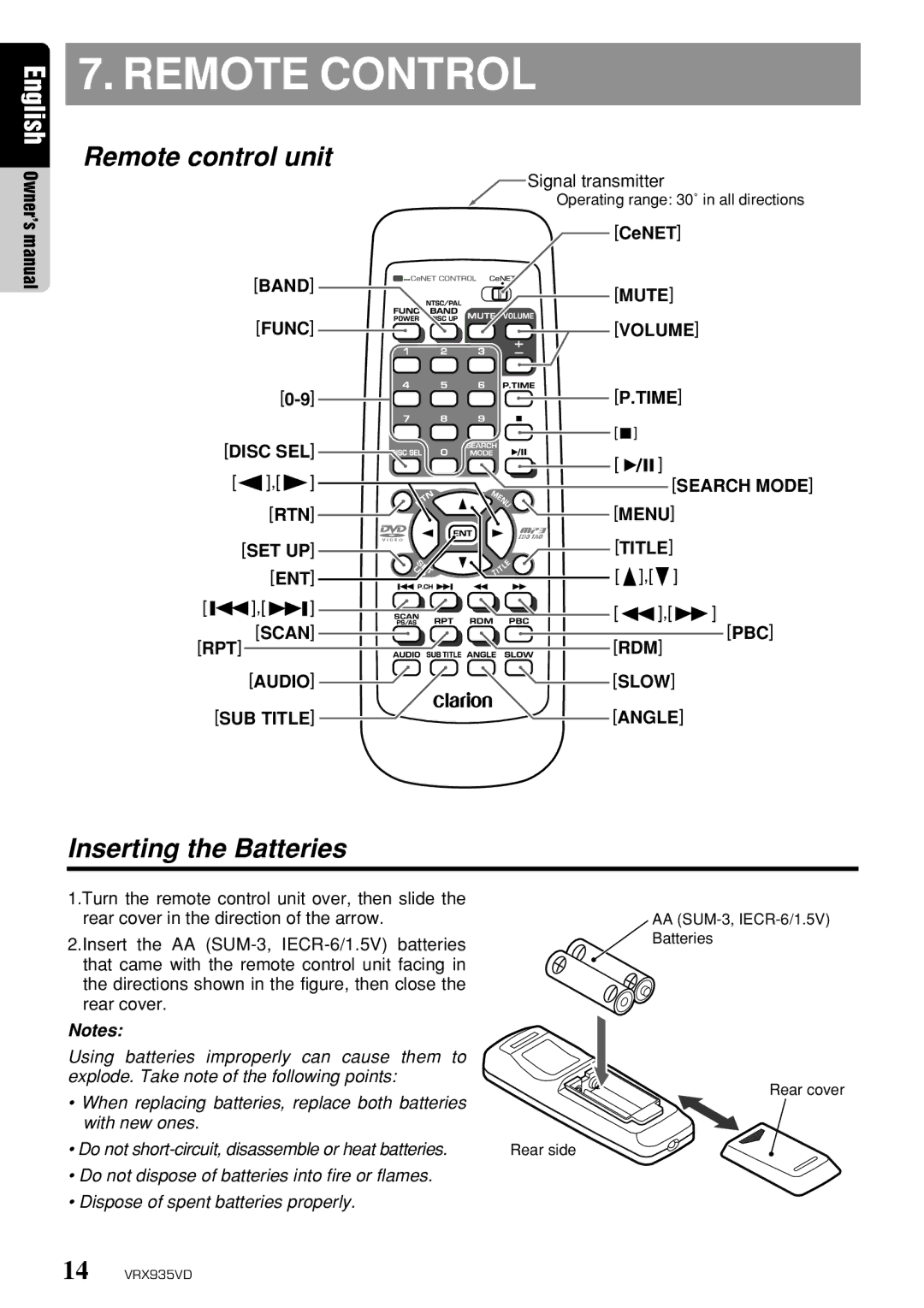 Clarion VRX935VD owner manual Remote Control, Remote control unit, Inserting the Batteries 