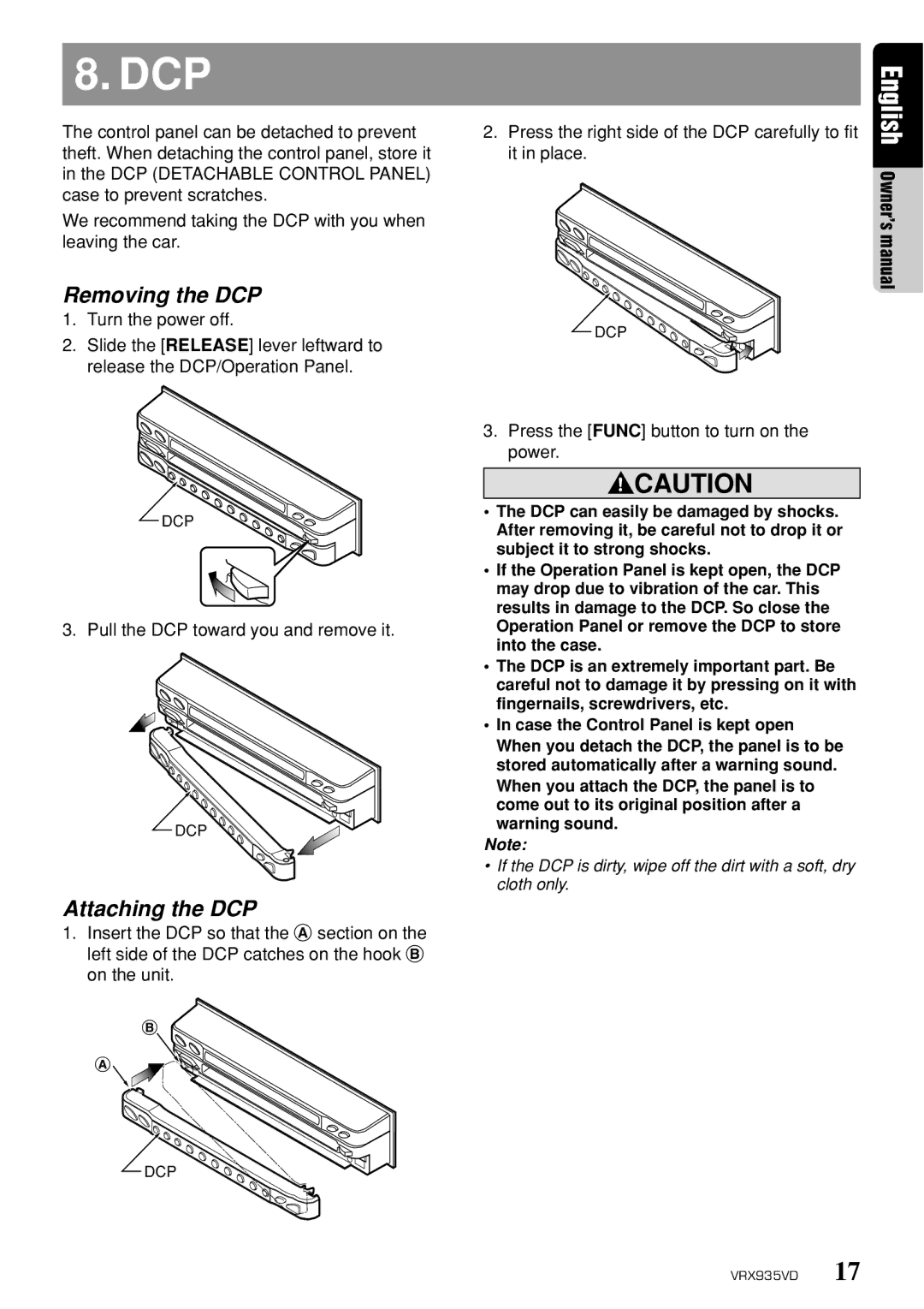 Clarion VRX935VD owner manual Removing the DCP, Attaching the DCP 