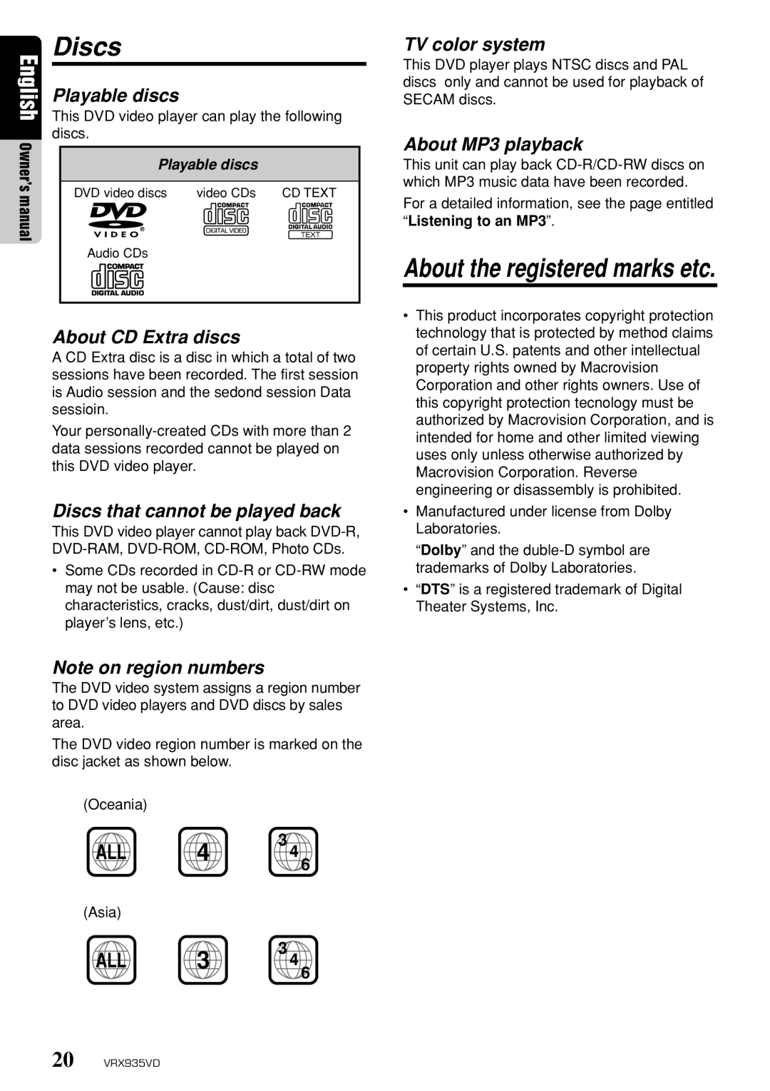 Clarion VRX935VD owner manual Discs 