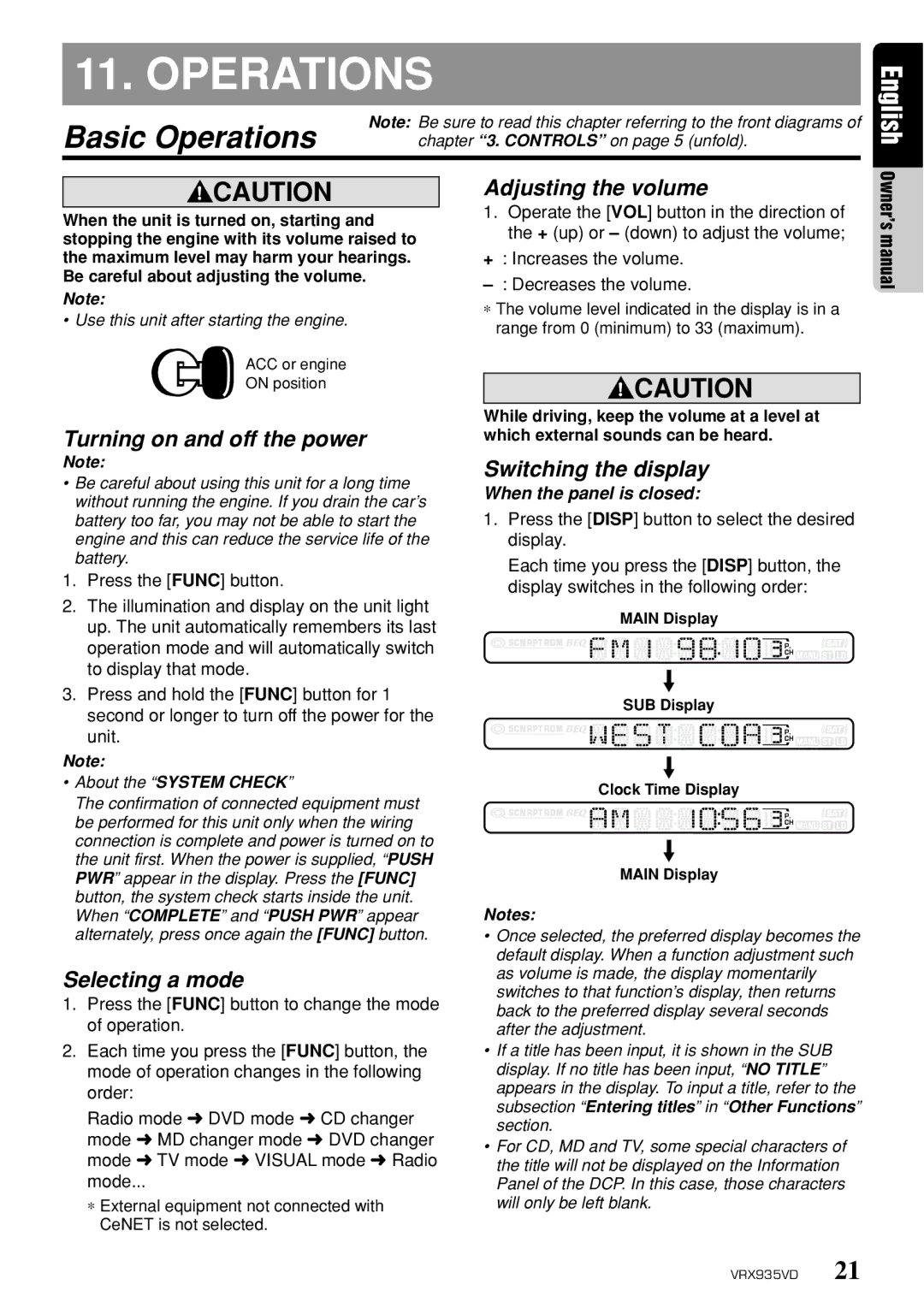 Clarion VRX935VD owner manual Basic Operations 