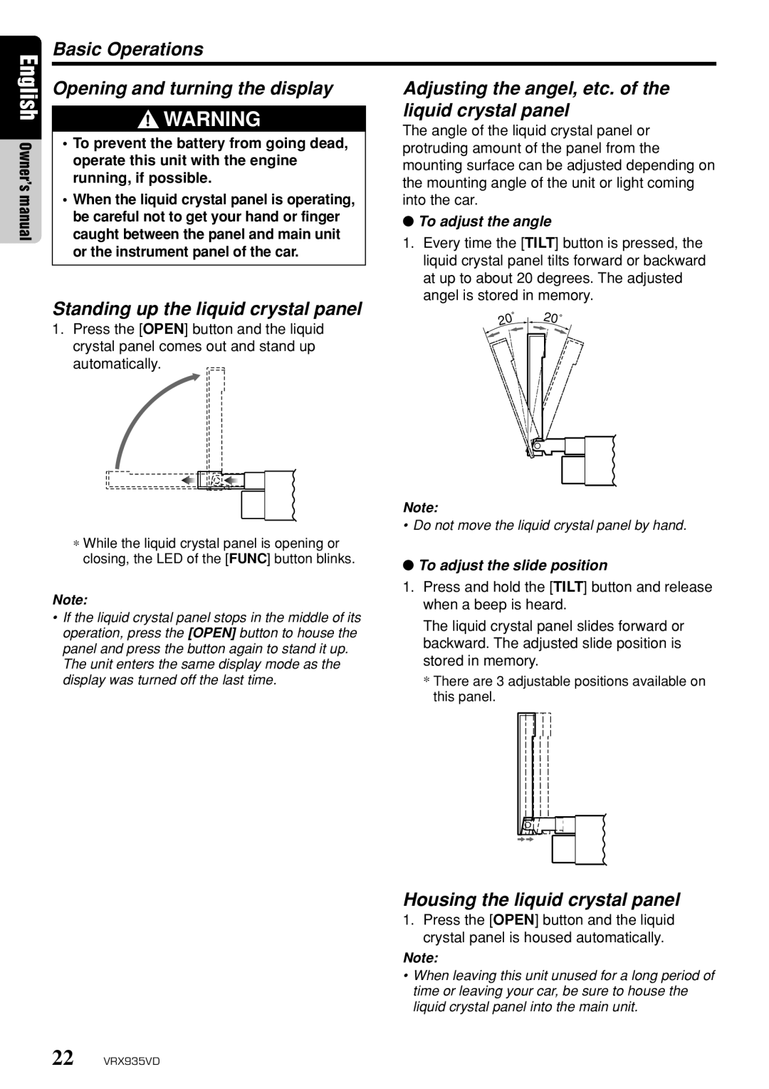 Clarion VRX935VD owner manual Basic Operations, Opening and turning the display, Standing up the liquid crystal panel 