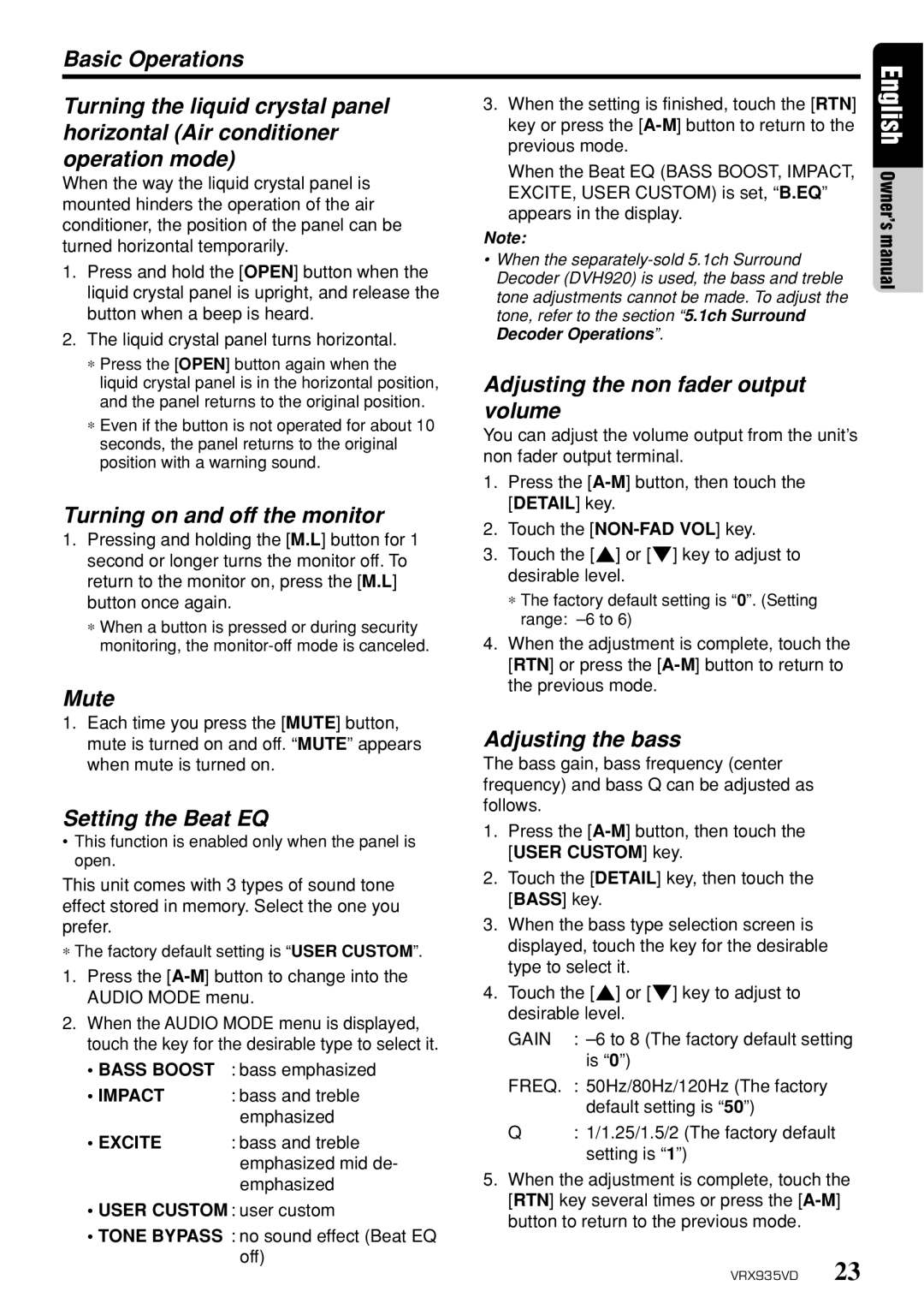 Clarion VRX935VD Turning on and off the monitor, Mute, Setting the Beat EQ, Adjusting the non fader output volume 