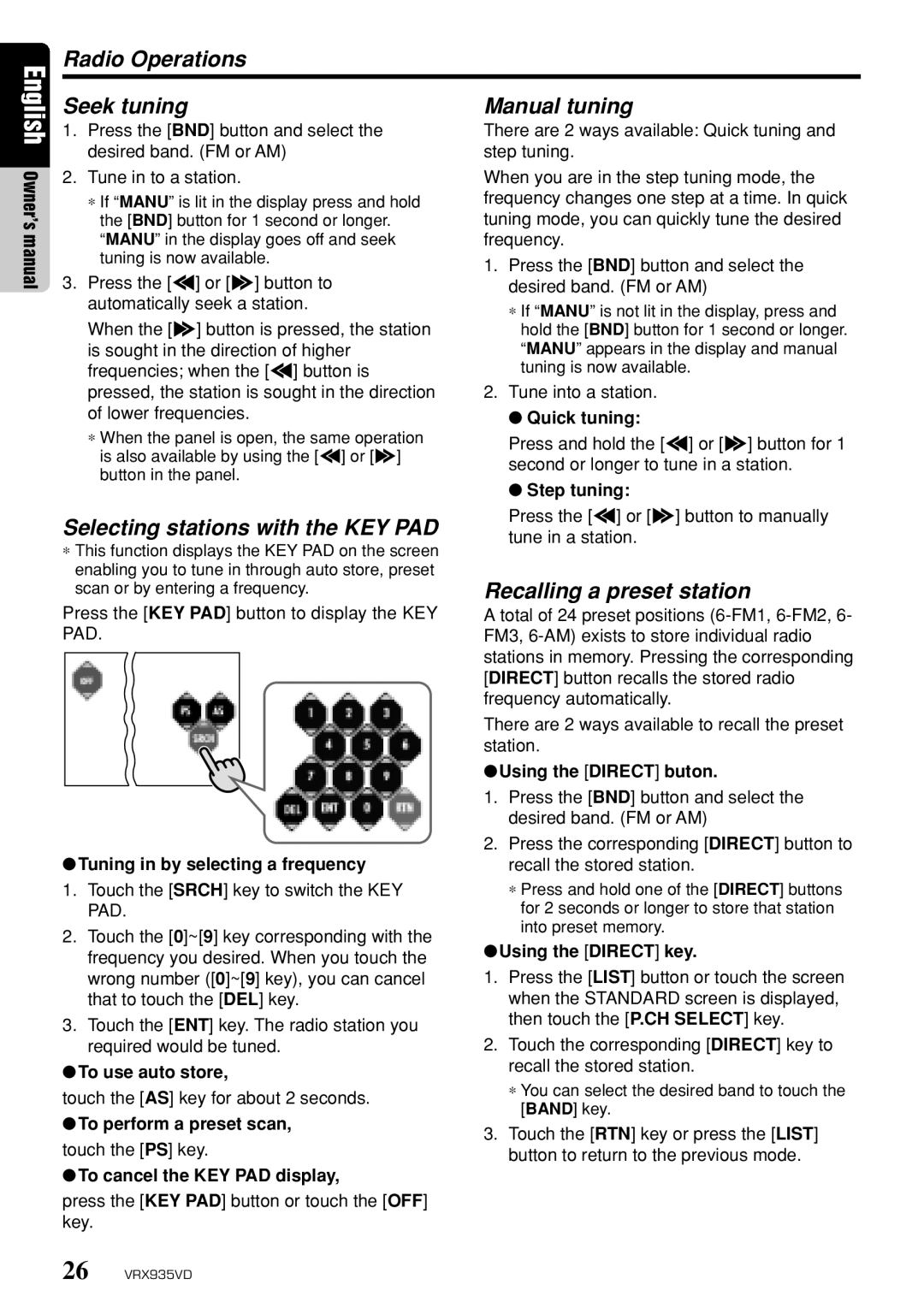 Clarion VRX935VD owner manual Radio Operations Seek tuning Manual tuning, Selecting stations with the KEY PAD 