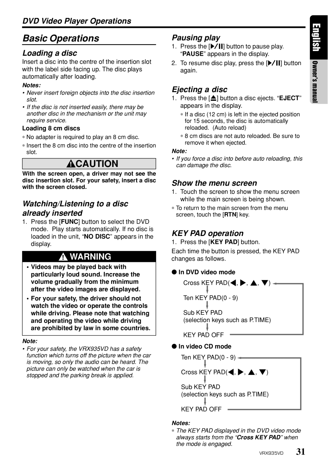 Clarion VRX935VD owner manual Basic Operations 