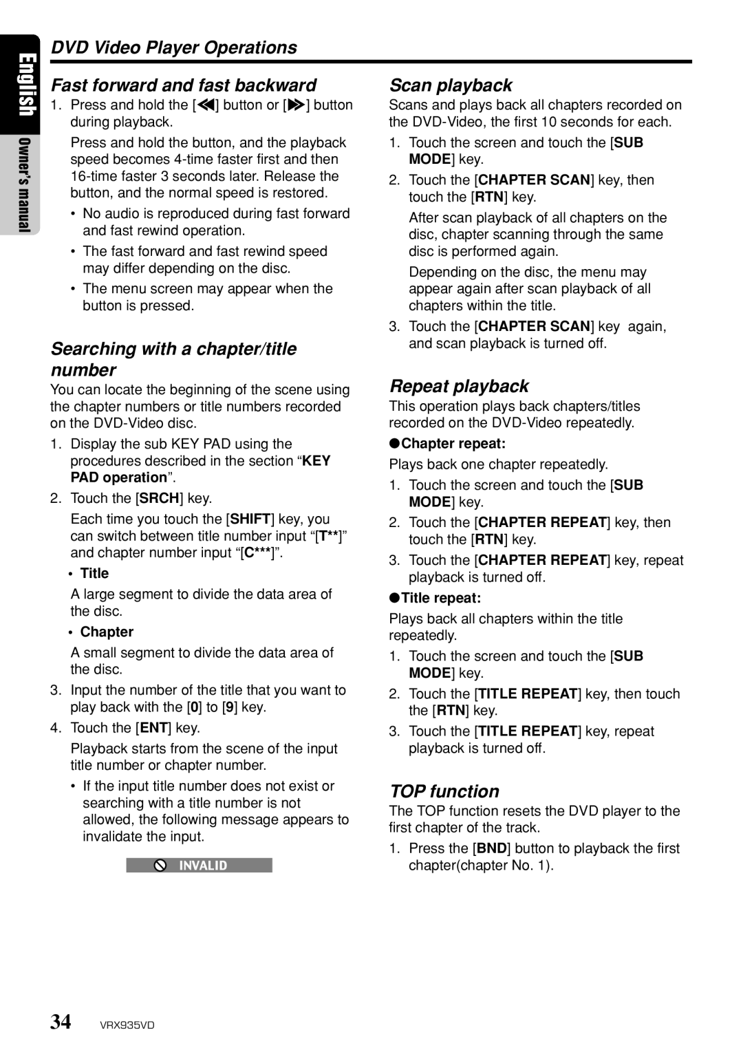 Clarion VRX935VD owner manual Searching with a chapter/title number, Repeat playback, TOP function 