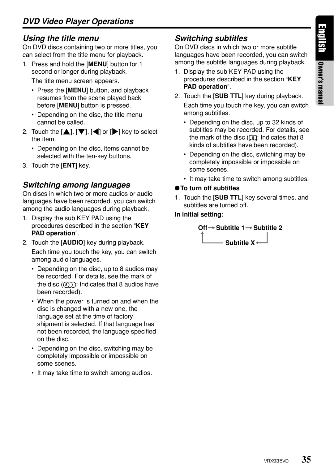 Clarion VRX935VD owner manual Switching among languages, To turn off subtitles, Initial setting Off Subtitle 1 Subtitle 