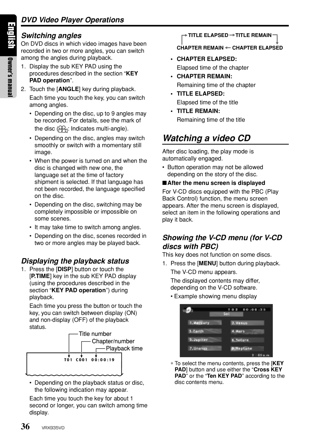 Clarion VRX935VD owner manual Watching a video CD, Switching angles, Showing the V-CD menu for V-CD, Discs with PBC 