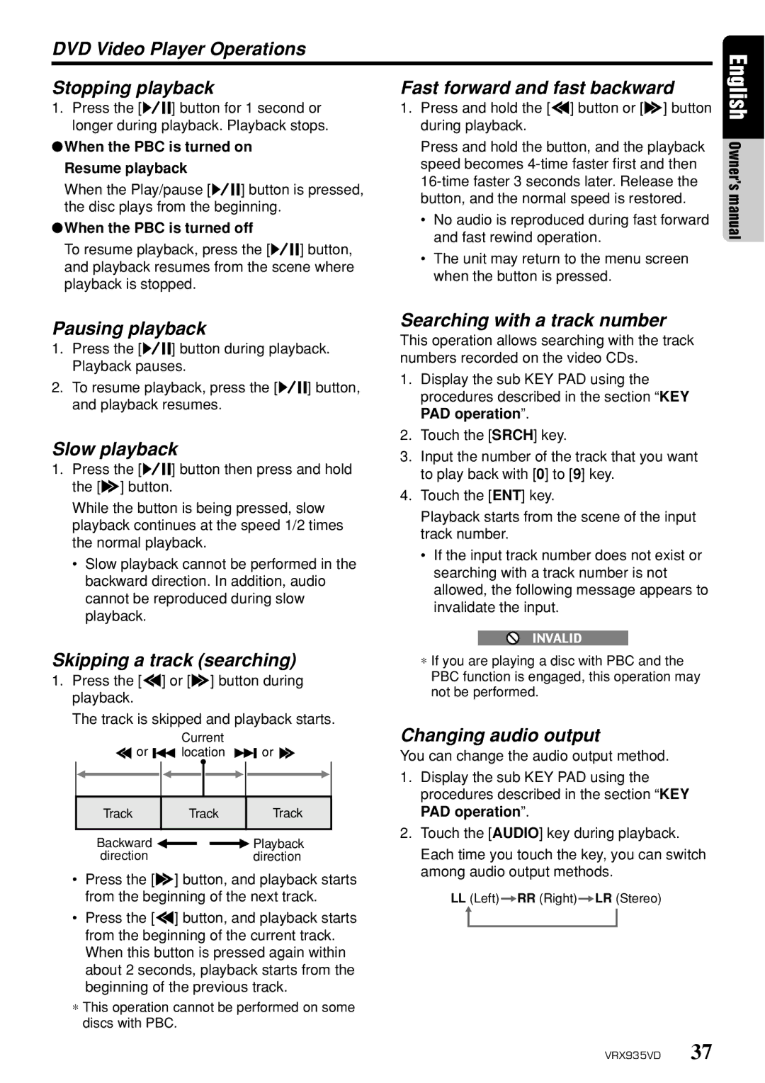 Clarion VRX935VD owner manual Skipping a track searching, Searching with a track number, Changing audio output 