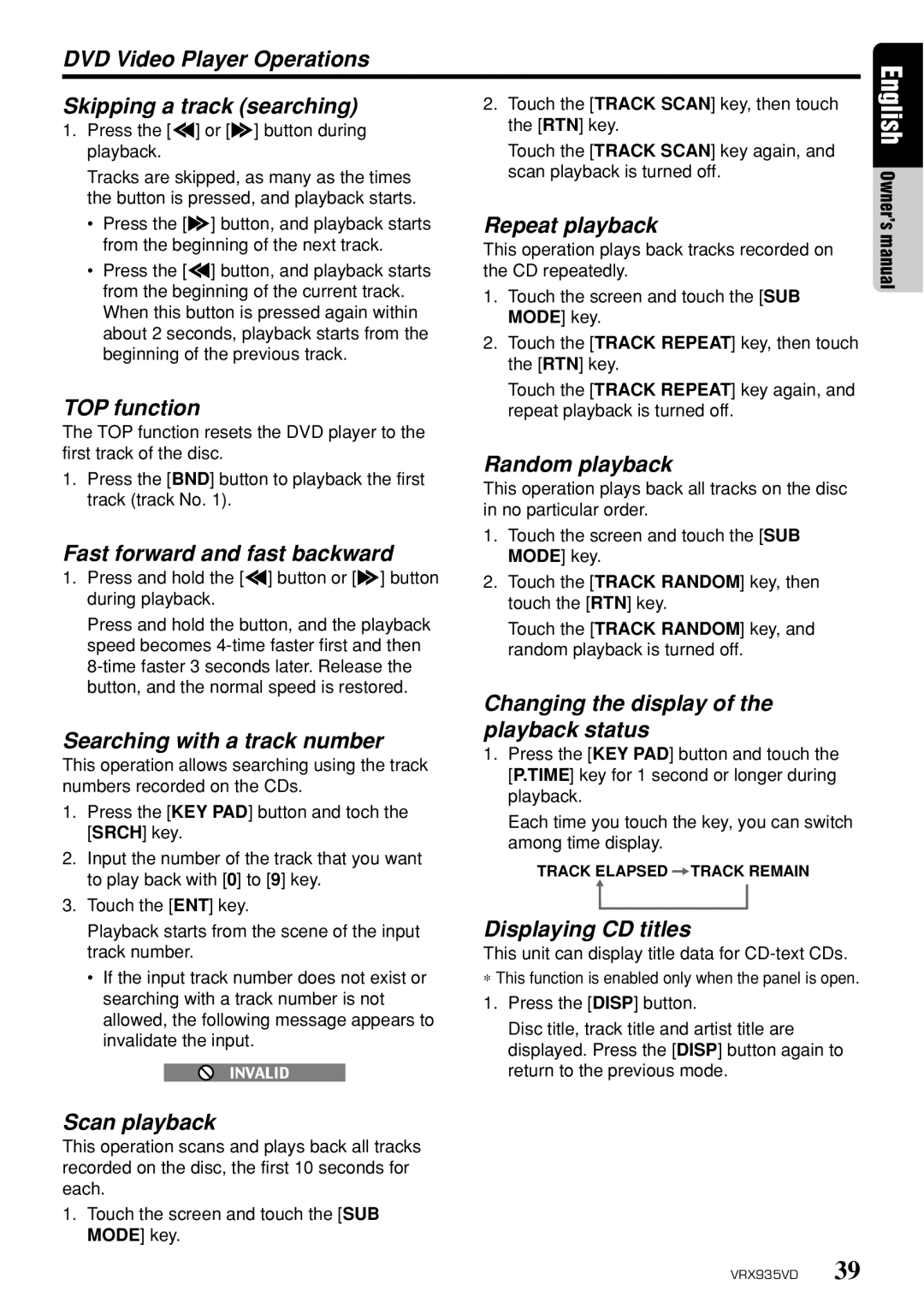 Clarion VRX935VD owner manual DVD Video Player Operations Skipping a track searching, Random playback, Displaying CD titles 