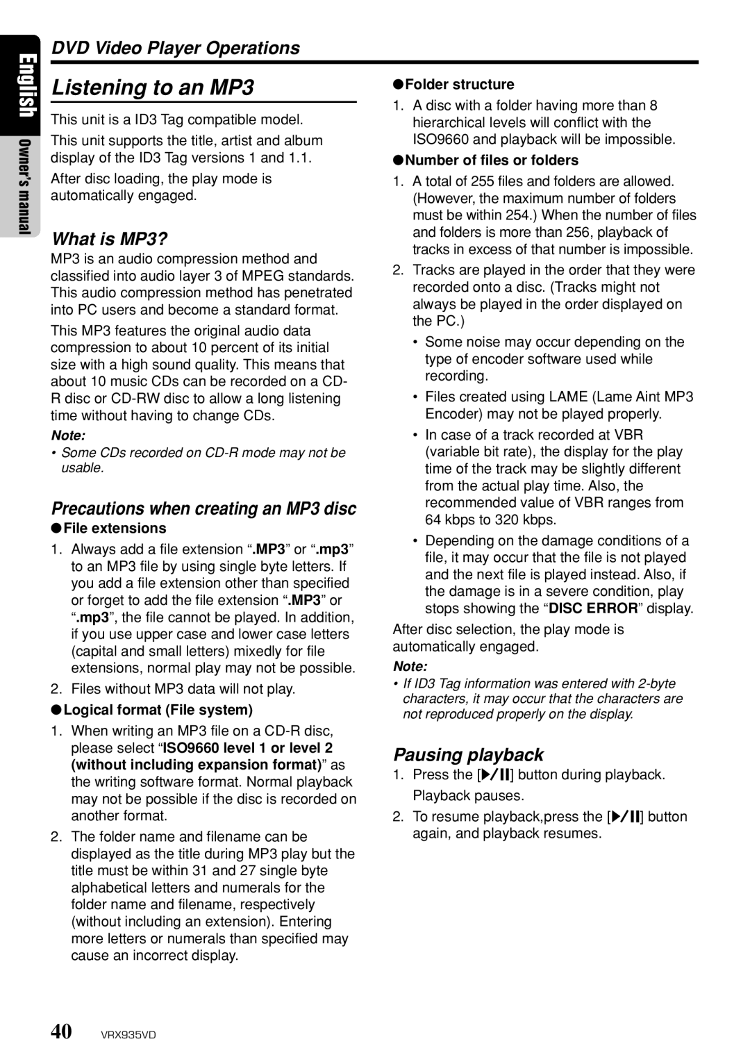 Clarion VRX935VD owner manual Listening to an MP3, What is MP3?, Precautions when creating an MP3 disc 