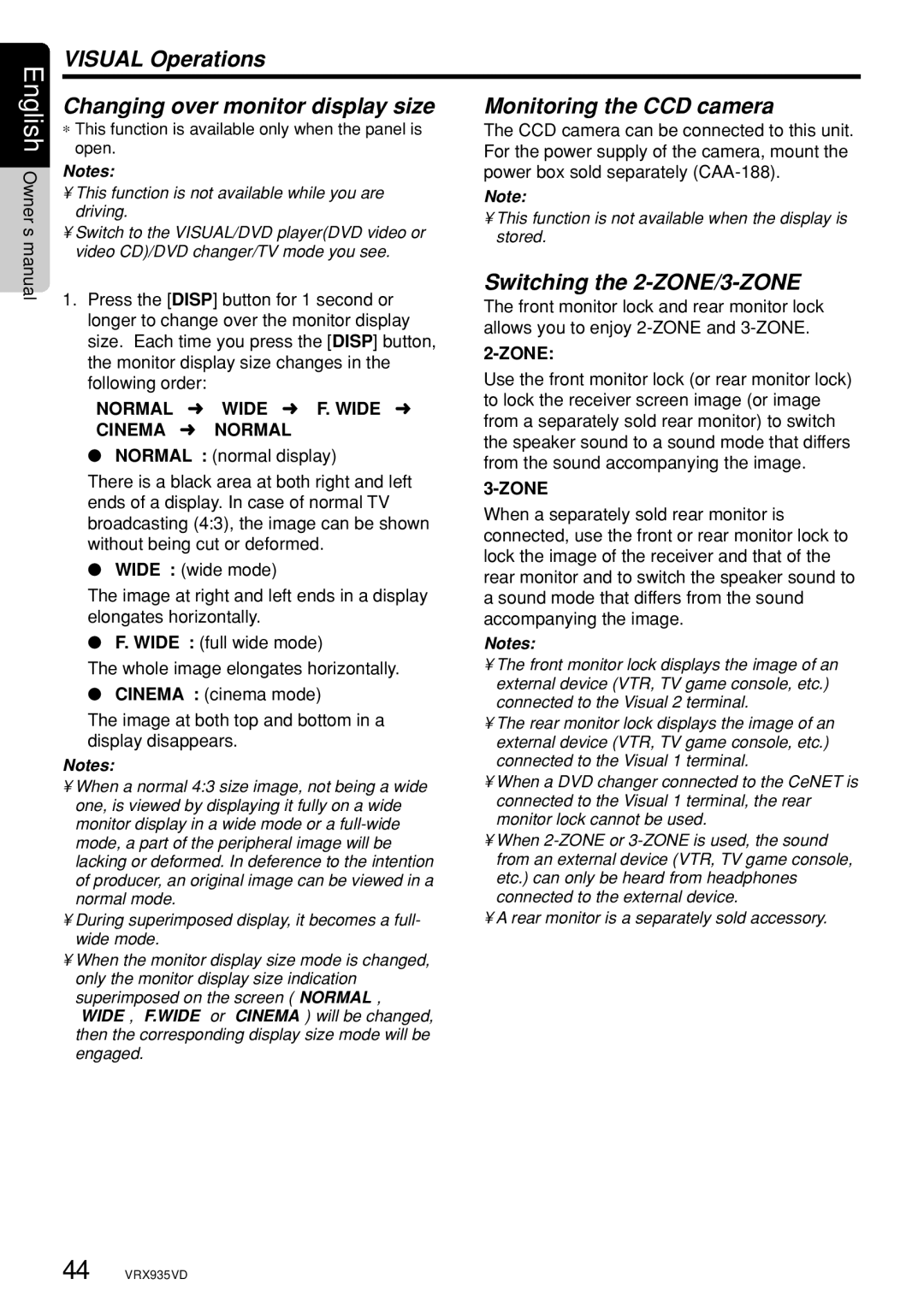 Clarion VRX935VD owner manual Switching the 2-ZONE/3-ZONE, Normal Wide F. Wide Cinema Normal, Zone 