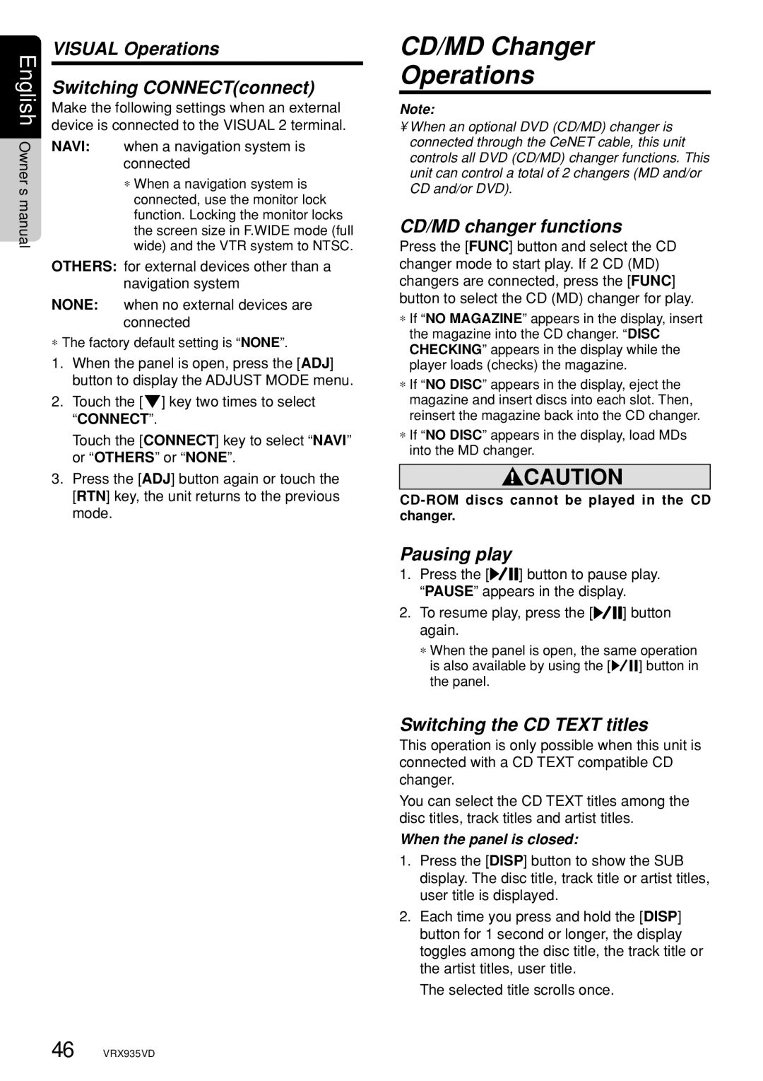 Clarion VRX935VD owner manual CD/MD Changer Operations, Visual Operations Switching CONNECTconnect, CD/MD changer functions 