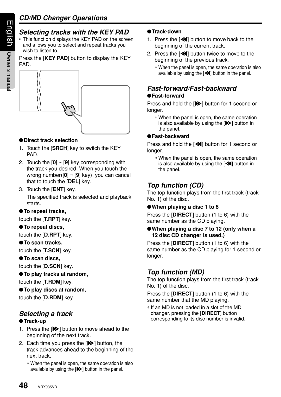 Clarion VRX935VD Selecting tracks with the KEY PAD, Fast-forward/Fast-backward, Top function CD, Selecting a track 