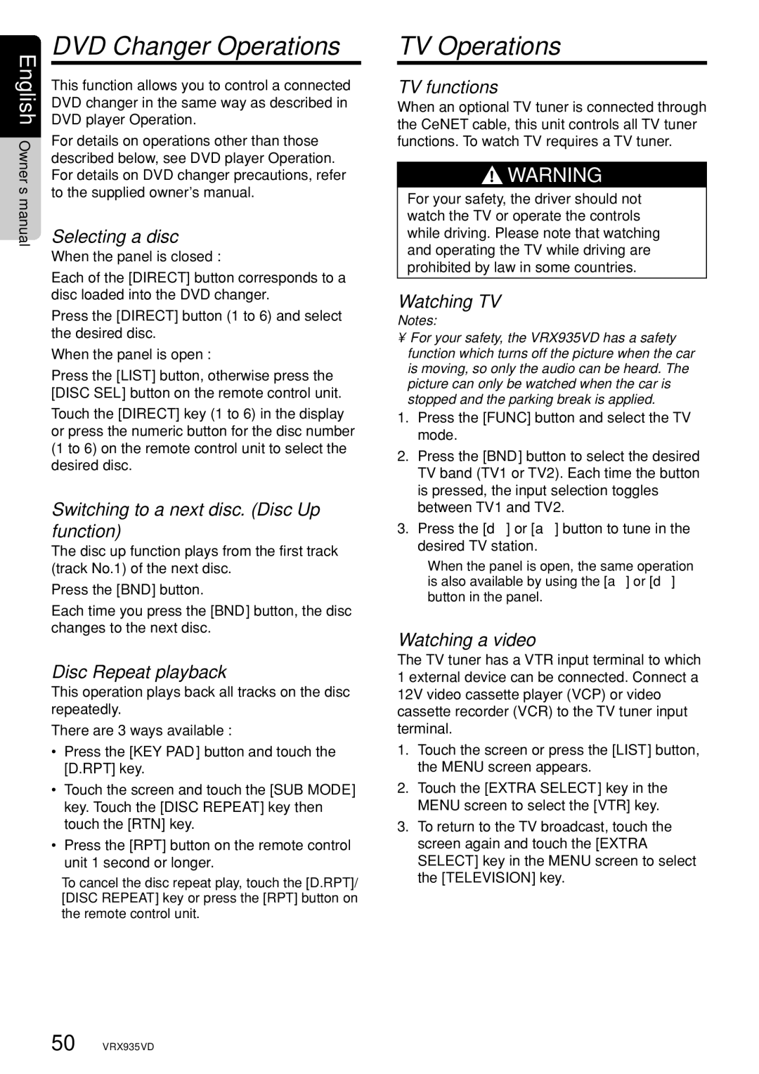 Clarion VRX935VD owner manual TV Operations 