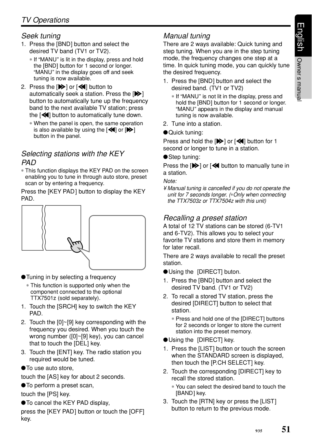 Clarion VRX935VD TV Operations Seek tuning Manual tuning, Press the d or a button to manually tune in a station 