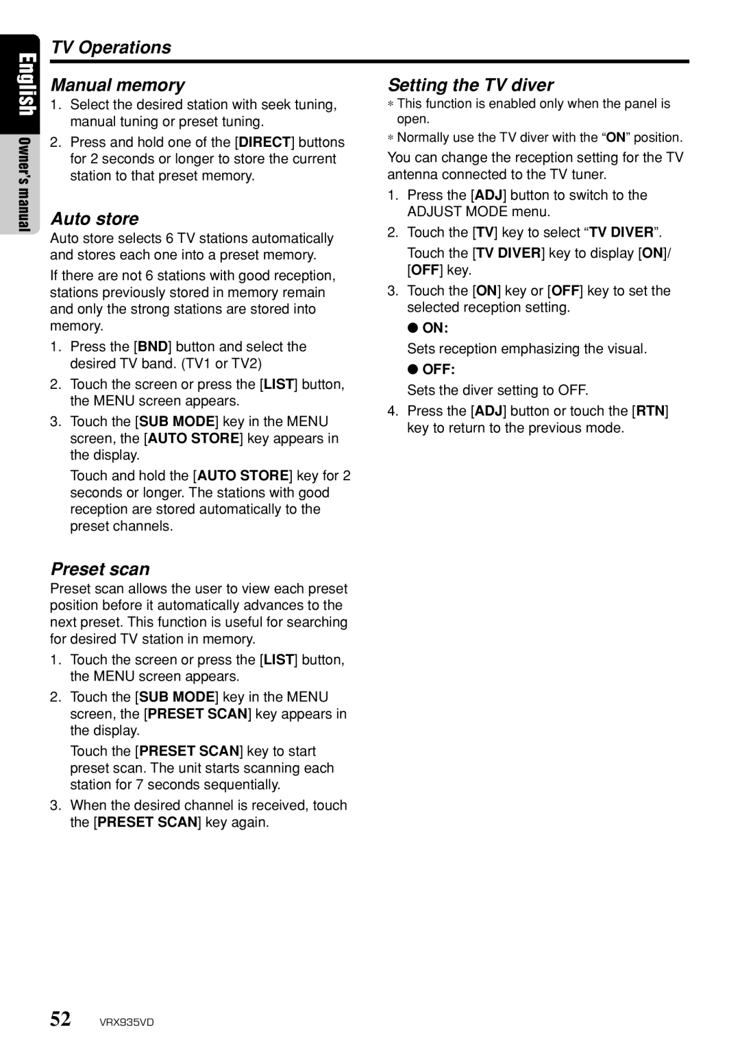 Clarion VRX935VD owner manual TV Operations Manual memory Setting the TV diver, Off 