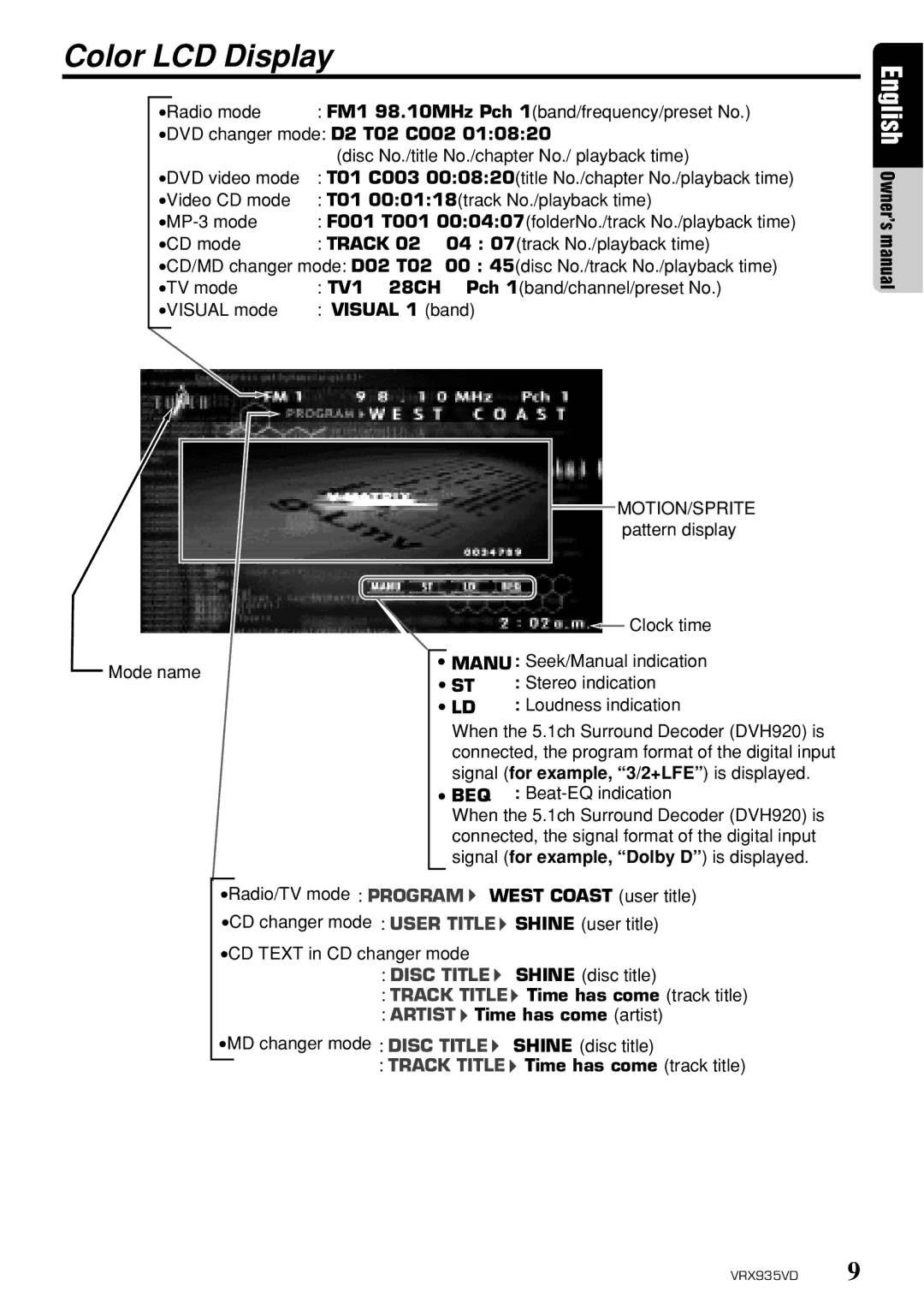 Clarion VRX935VD owner manual Color LCD Display 