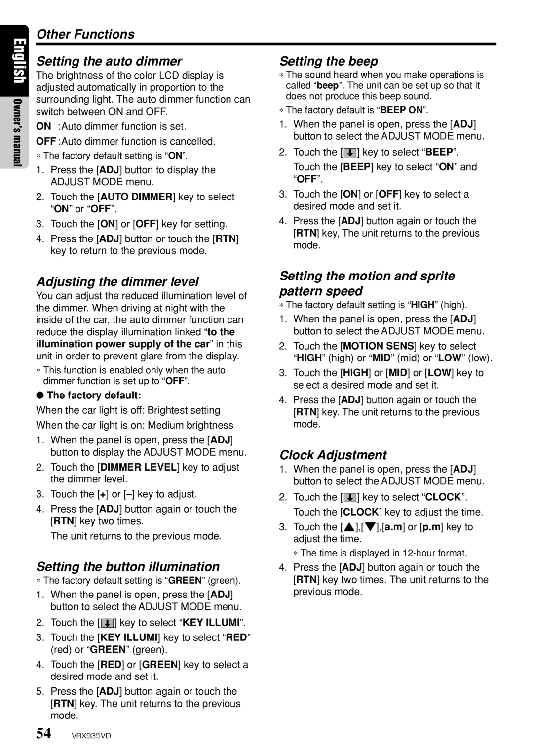 Clarion VRX935VD Other Functions Setting the auto dimmer Setting the beep, Adjusting the dimmer level, Clock Adjustment 