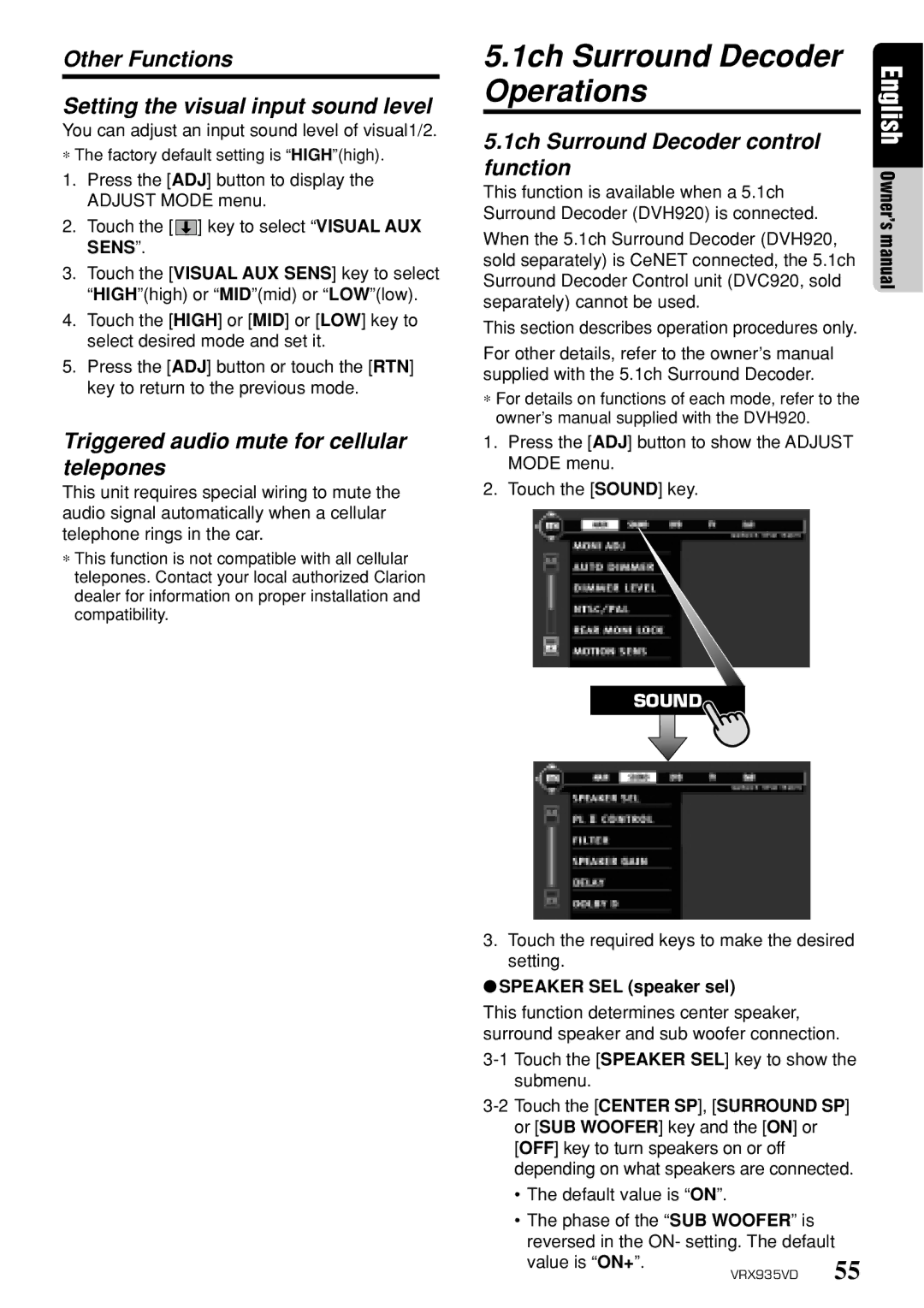 Clarion VRX935VD owner manual 1ch Surround Decoder Operations, Other Functions Setting the visual input sound level 