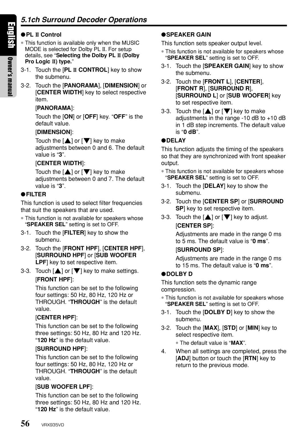 Clarion VRX935VD owner manual 1ch Surround Decoder Operations 