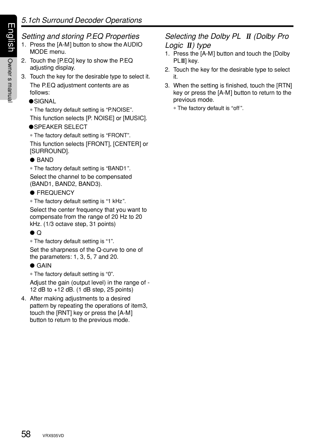 Clarion VRX935VD owner manual Logic II type, Signal, Speaker Select, Frequency 