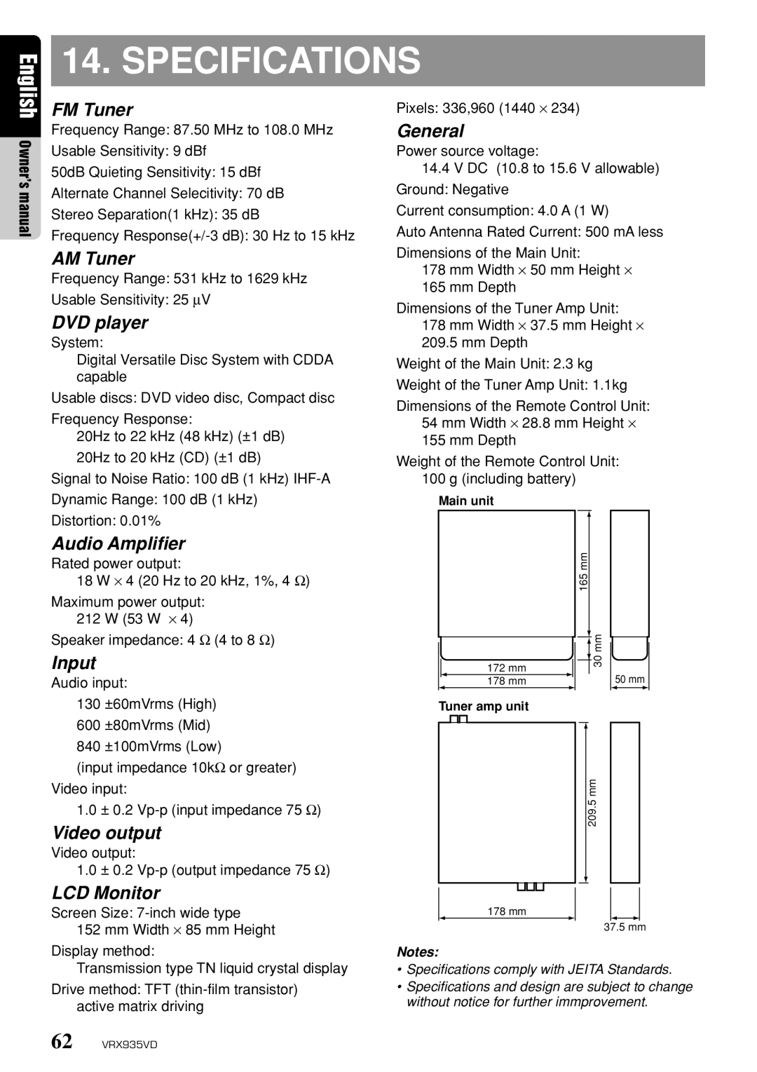 Clarion VRX935VD owner manual Specifications 