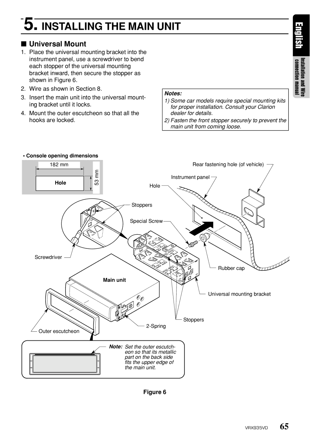 Clarion VRX935VD owner manual Installing the Main Unit 