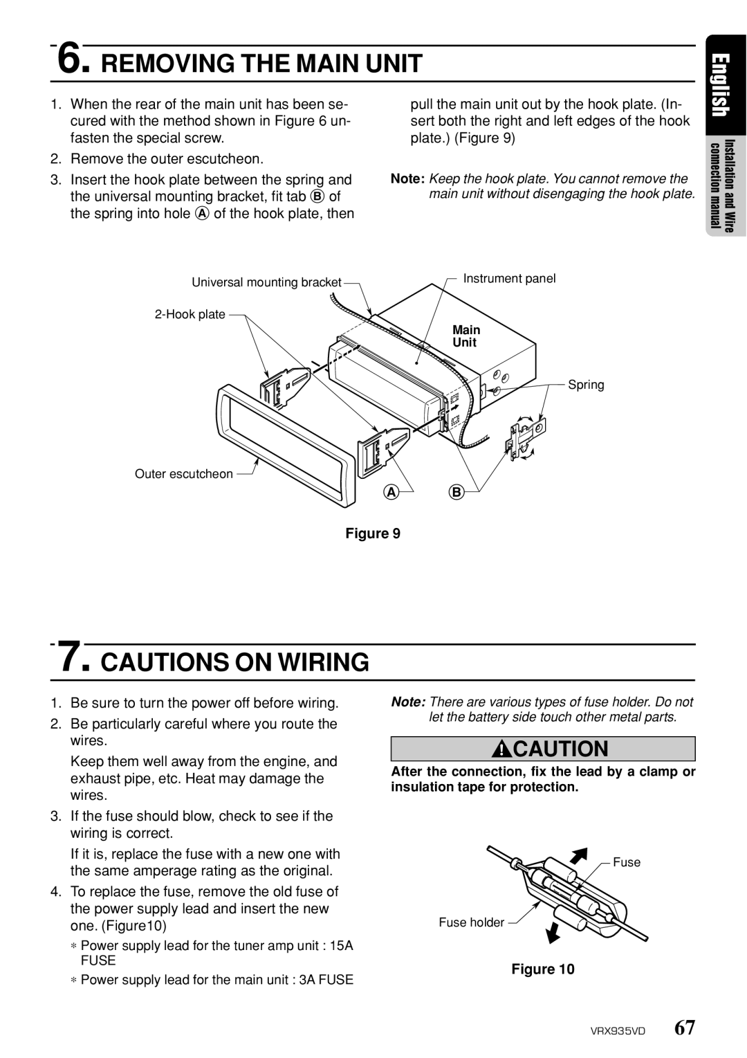 Clarion VRX935VD owner manual Removing the Main Unit, Spring into hole a of the hook plate, then 