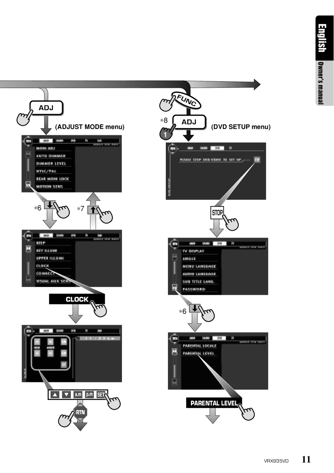 Clarion VRX935VD owner manual Adjust Mode menu, DVD Setup menu 