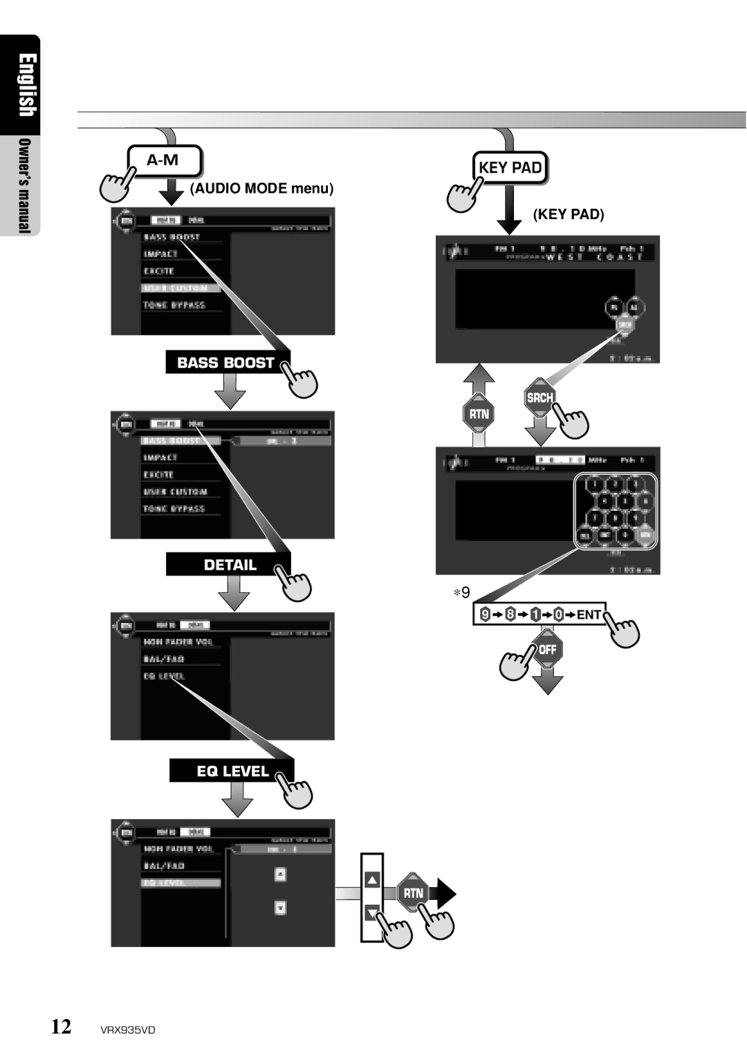 Clarion VRX935VD owner manual Audio Mode menu, Key Pad 