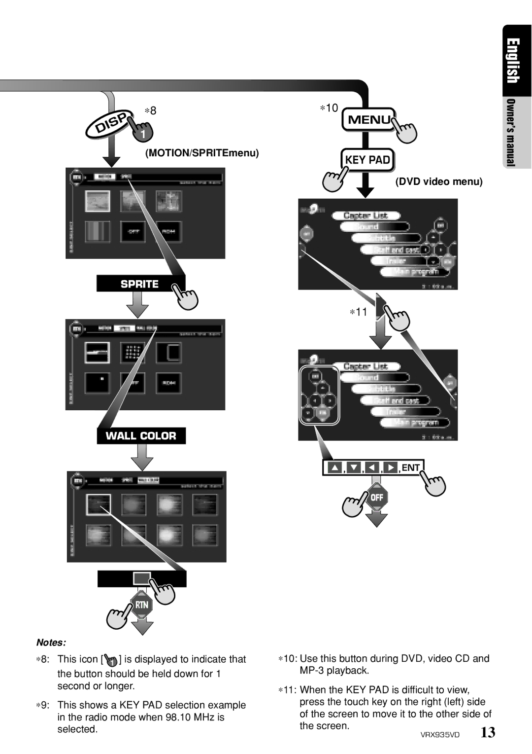 Clarion VRX935VD MOTION/SPRITEmenu, DVD video menu, ∗10 Use this button during DVD, video CD and MP-3 playback, Screen 